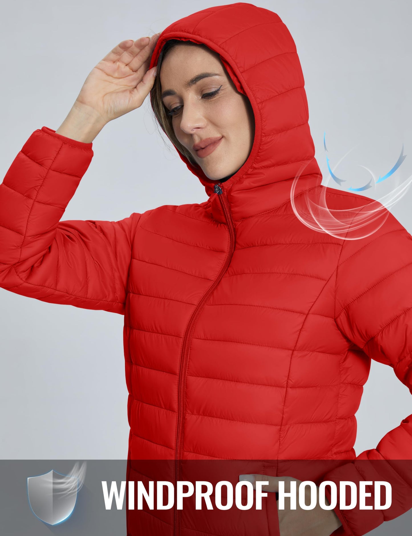 TACVASEN Women's Puffer Coat Long Sleeve Lightweight Jacket with Pockets Quilt Jacket for Winter,Tomato Red L
