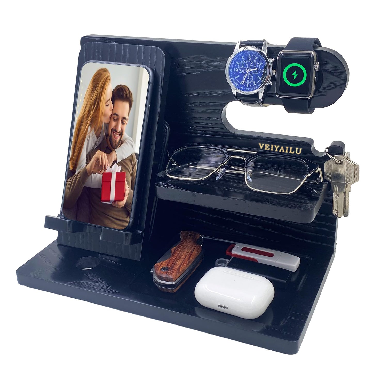 Gifts for Men Women Brother Boss Boyfriend Him Nightstand Organizer Gifts for Dad from Daughter Son Wood Phone Docking Station (Dark Brown)