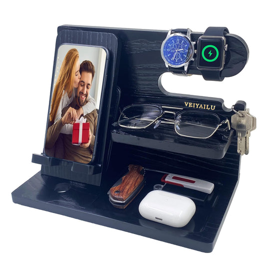 Gifts for Men Women Brother Boss Boyfriend Him Nightstand Organizer Gifts for Dad from Daughter Son Wood Phone Docking Station (Dark Brown)