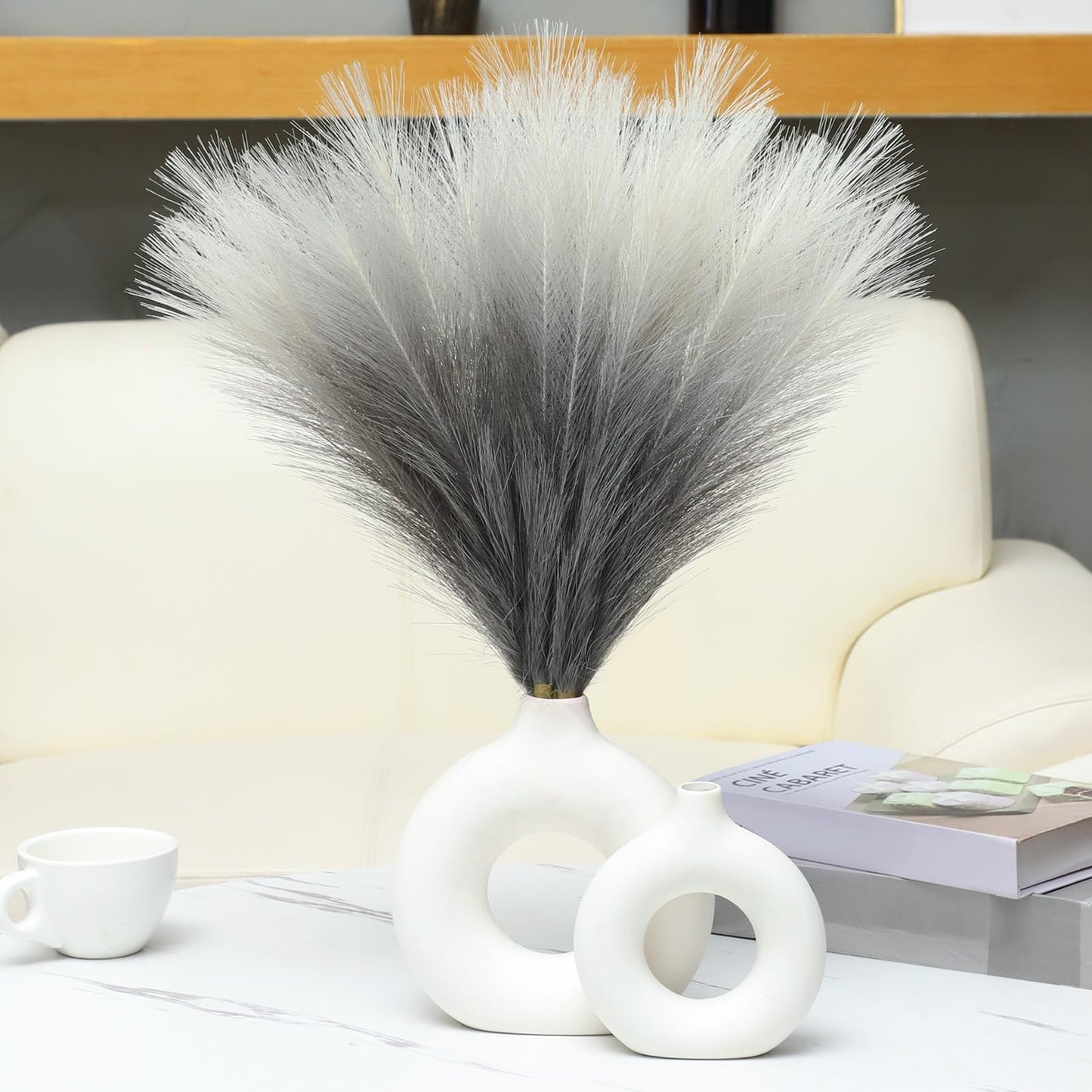 Ureymx Faux Pampas Grass Decor 17.7 Inch 6pcs, Pompas Grass Flower Arrangement and Vase Filler Artificial Pampas Grass Short Decor for Boho Home Wedding Decoration (Gradient Grey)