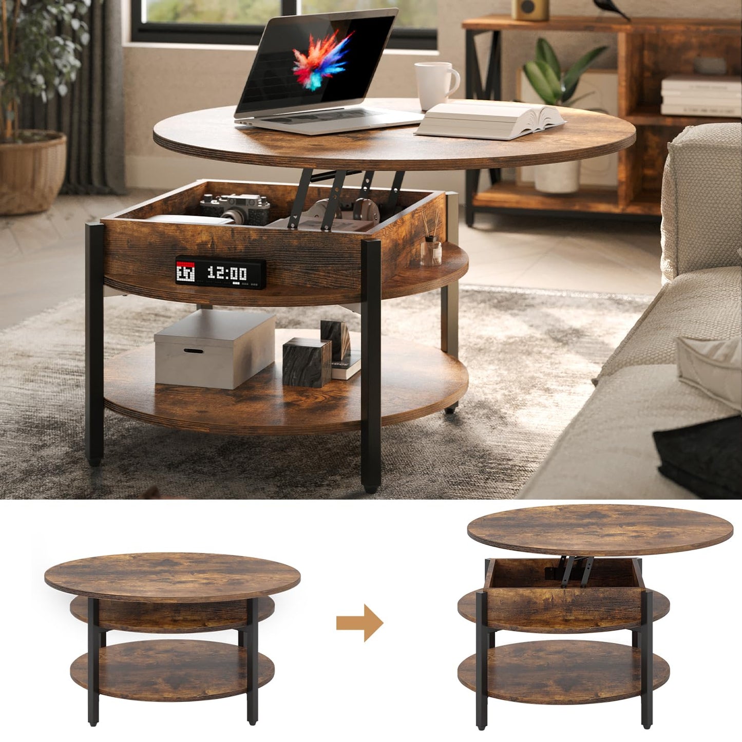FABATO Round Lift Top Coffee Table with Storage and Hidden Compartment, 26.77'' Farmhouse Coffee Table for Living Room Reception Room, 2 Tier Small Round Coffee Table Circle Dining Table, Rustic Brown