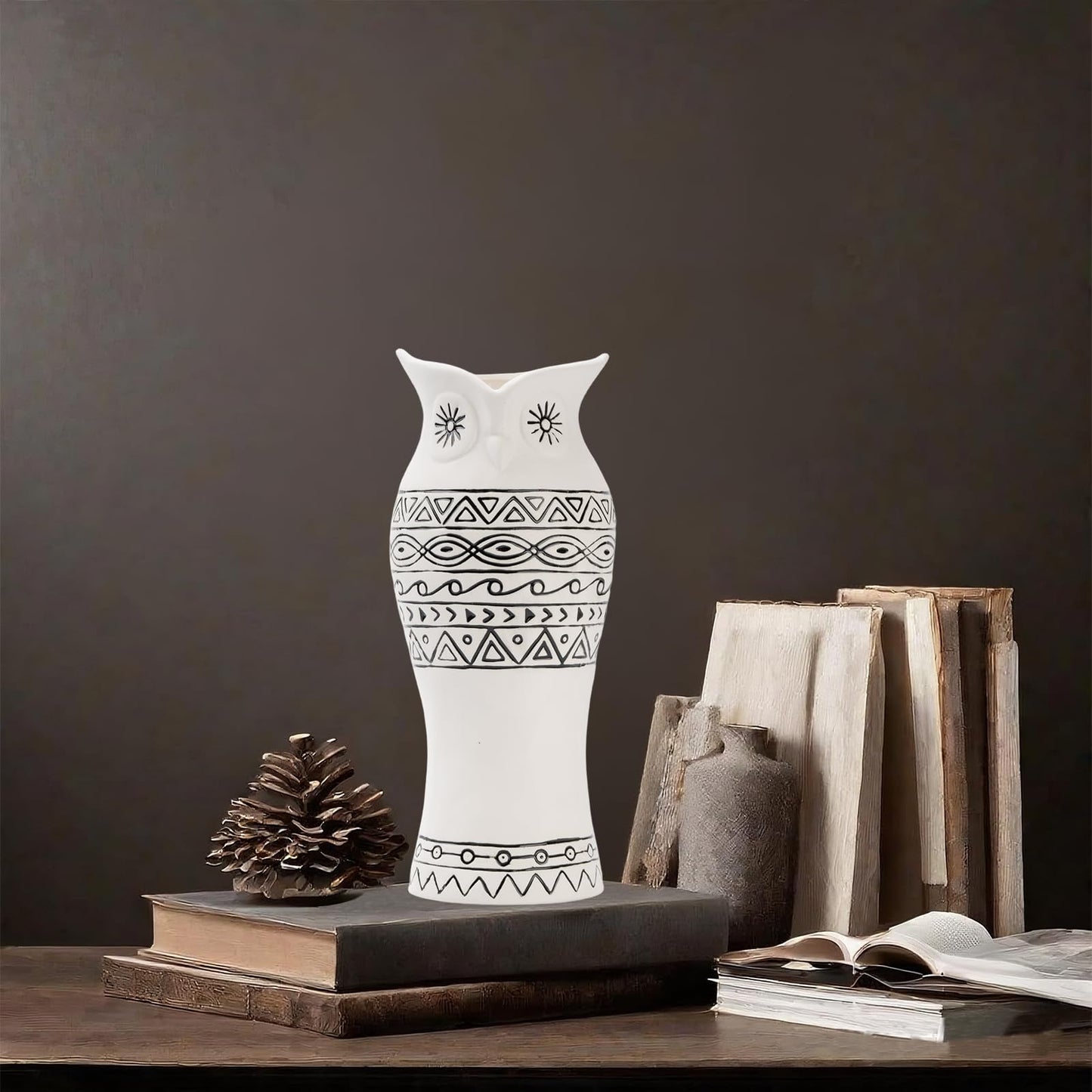 Handcrafted Owl Ceramic Flower Vase - Nordic Boho Farmhouse Centerpiece Owl Decor for Coffee Table& Shelf Living Room Decorative with Pampas Grass