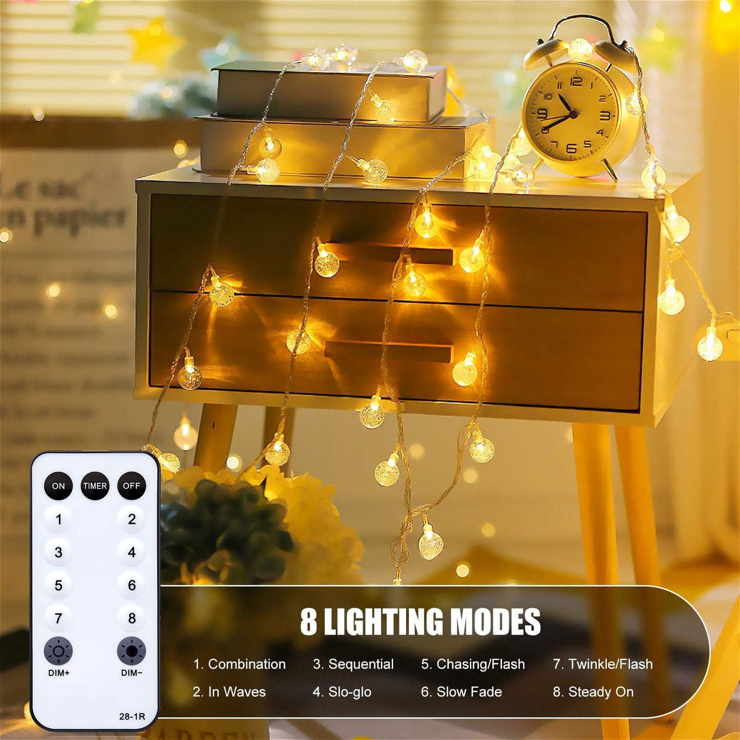 Minetom Globe String Lights - Plug in 33 ft 100 LED Crystal Globe Fairy Lights with 8 Lighting Modes and Remote for Patio Yard Porch Garden Pool Tent Beach Bedroom Wedding Party Decor, Warm White