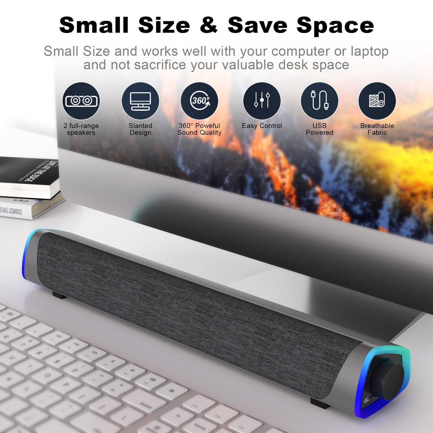 SOULION R30 Computer Speakers, Colorful LED Lights with Switch Button, Surround Sound Portable Computer Sound Bar Speakers for Desktop, Gray