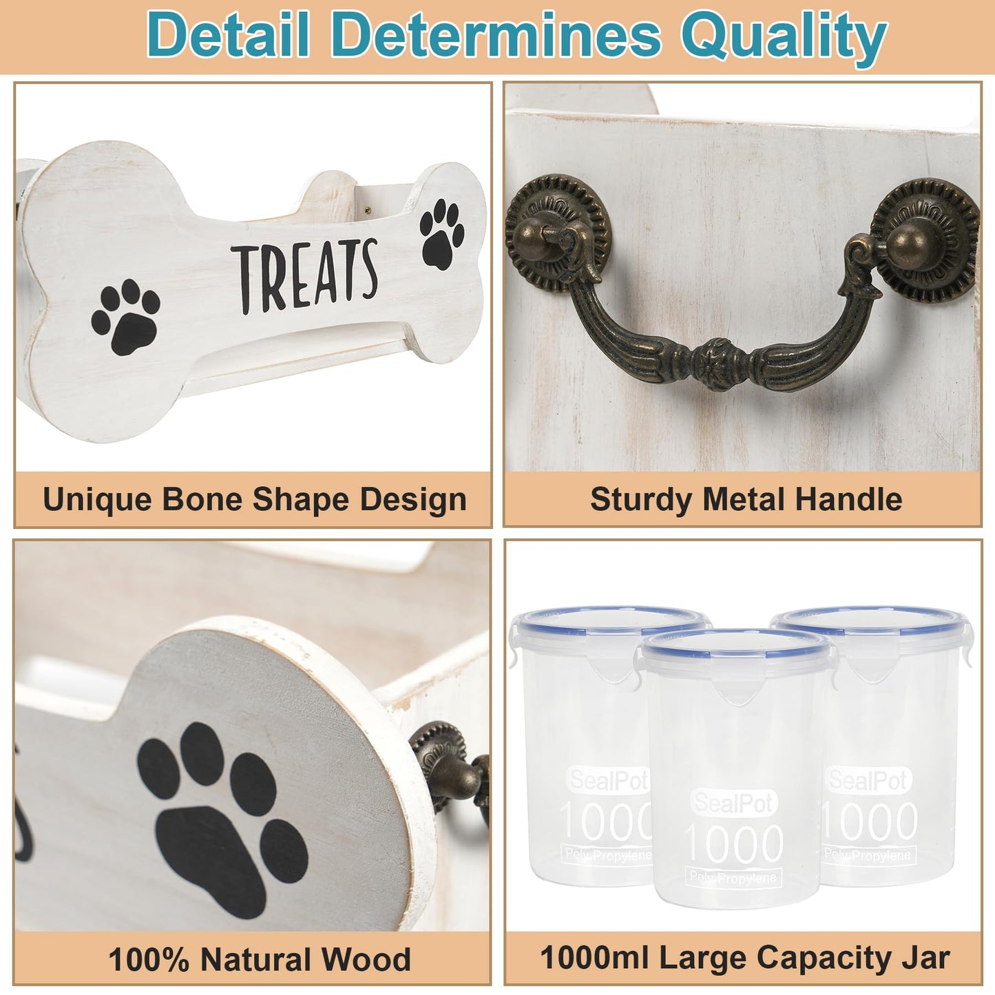 WGFKVAS Dog Treat Container Dog Food Storage Container for Countertop，Wooden Cat Food Storage Container with 3 Jars，Dog Treat Jar with Lid，Great Gift for Pet Dog Owners (White)