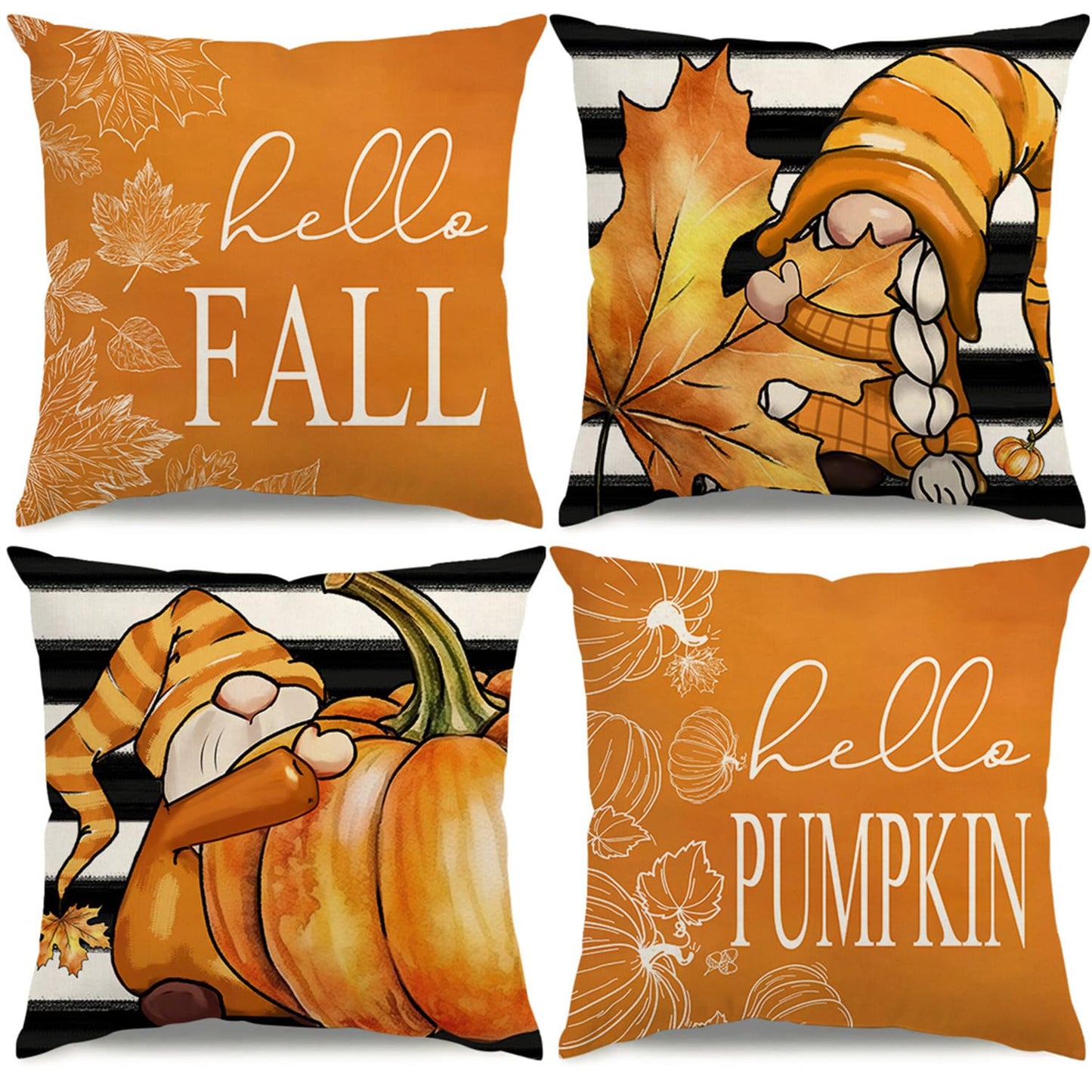 KISVODS Fall Pillow Covers 18x18 Thanksgiving Farmhouse Decorations Black Striped Maple Leaf Pumpkin Outdoor Fall Decor Throw Pillow Covers Gnomes Autumn Harvest Cushion Case for Sofa Couch Set of 4
