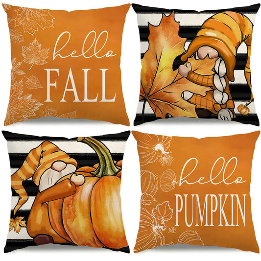 KISVODS Fall Pillow Covers 18x18 Thanksgiving Farmhouse Decorations Black Striped Maple Leaf Pumpkin Outdoor Fall Decor Throw Pillow Covers Gnomes Autumn Harvest Cushion Case for Sofa Couch Set of 4