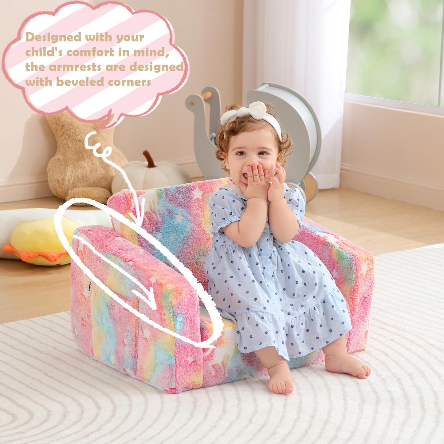 Kisdsa Kids Couch Fold Out, Foldable Toddler Couch with Blanket, Kids Sofa for Girls & Boys, Flip Out Toddler Chair, Convertible Sofa to Lounger for Children Age 1-3 (Glow Pink)