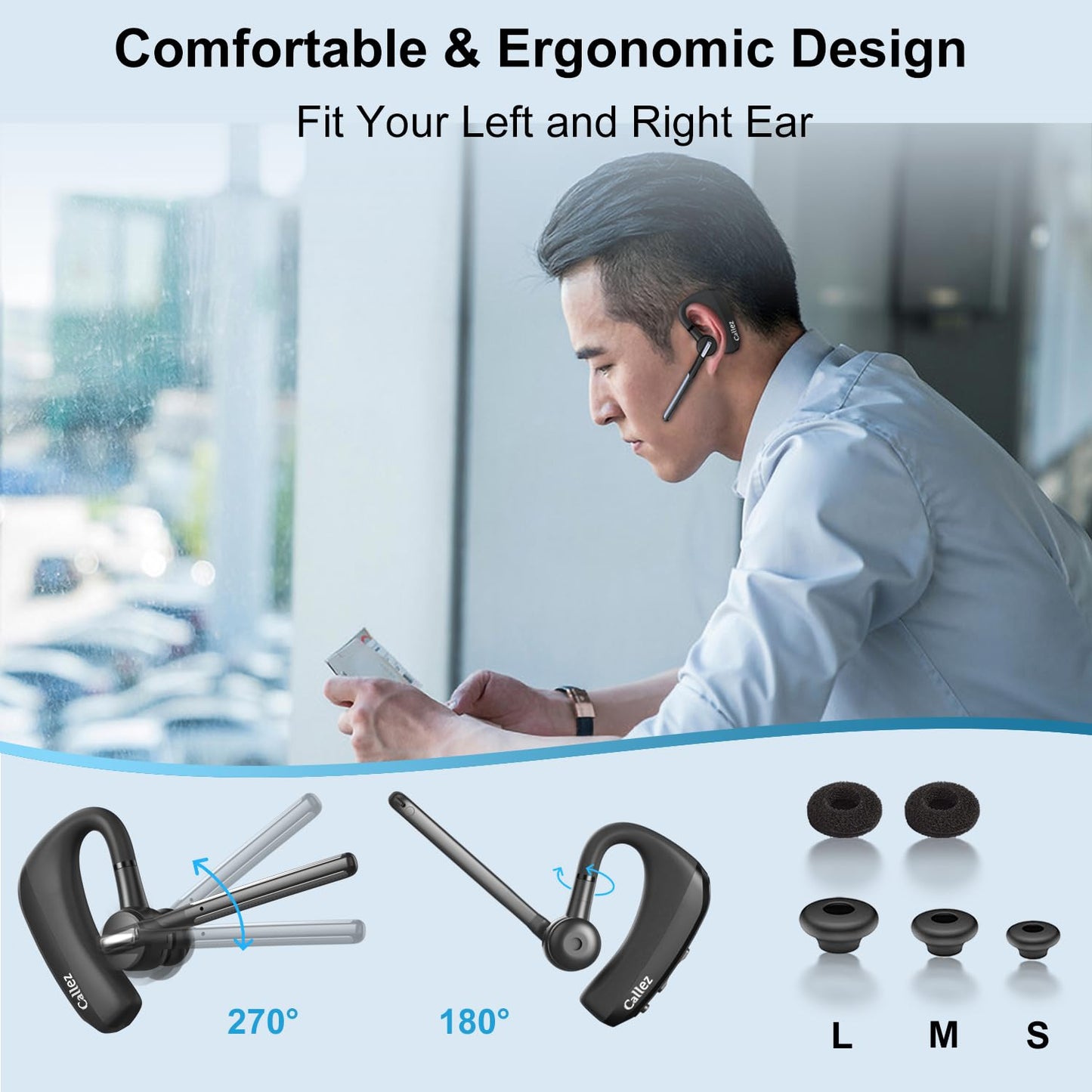 Callez Bluetooth Headset V5.0, Bluetooth Earpiece with CVC8.0 Dual Mic Noise Cancelling Wireless Headset for iPhone Android Cell Phone Trucker Business Office Work, Clear Chat