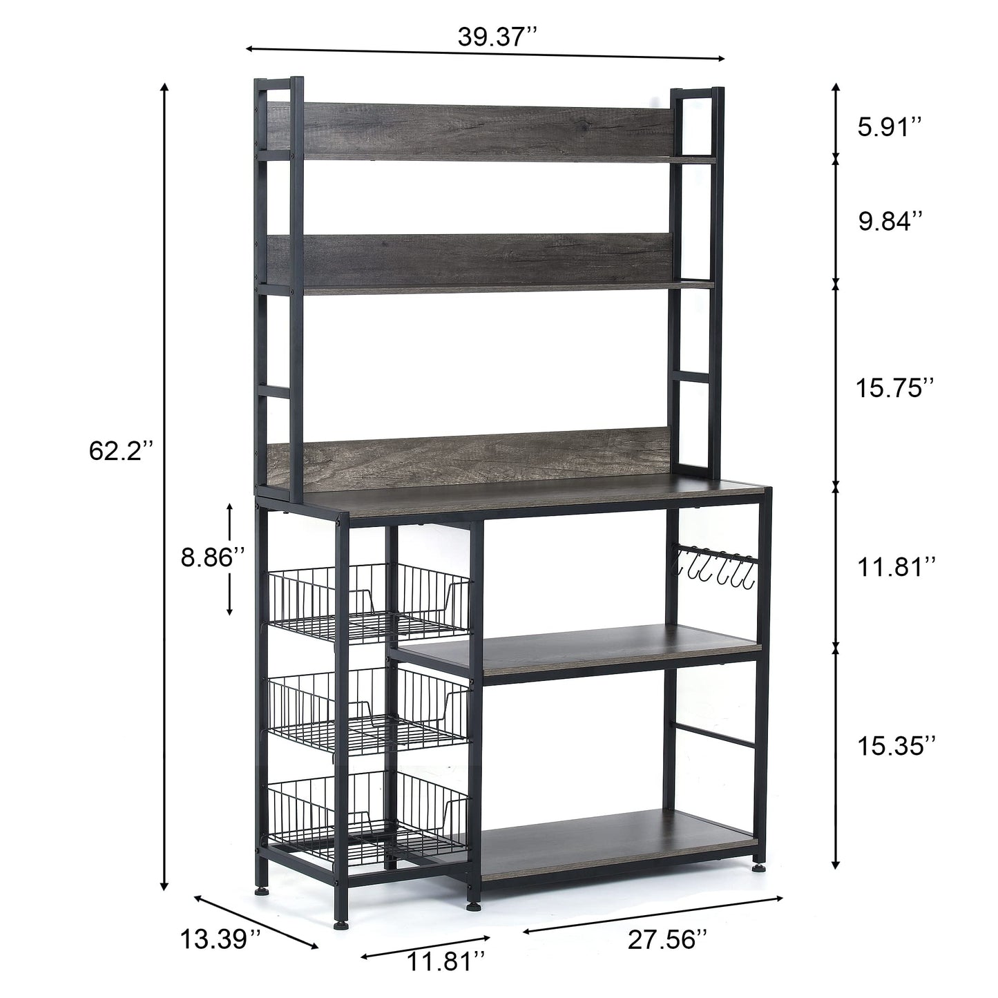 Chnnmbrn Kitchen Bakers Rack with Baskets,Free Standing Shelf,5-Tier Kitchen Utility Storage Shelf with Hooks, Microwave Oven Stand Rack Grey