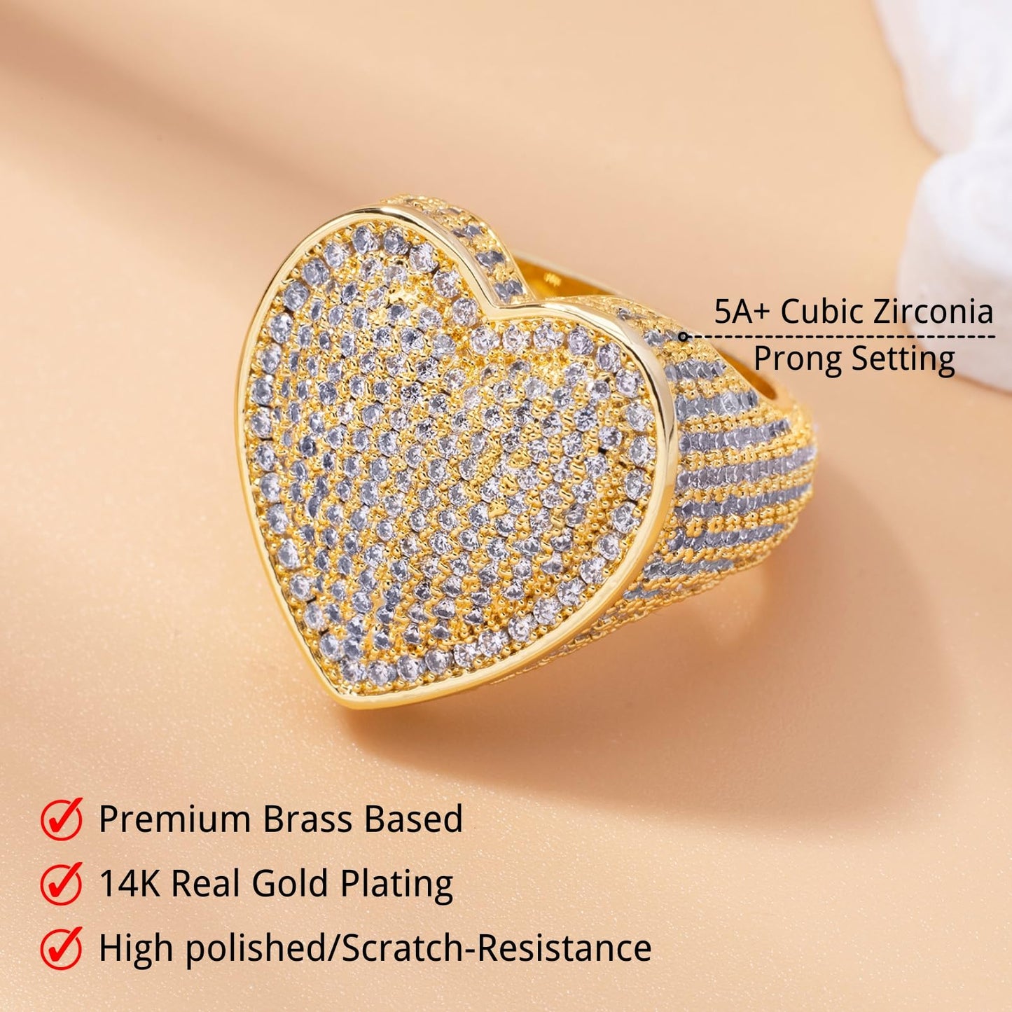 Iced Out Jewelry 5A Cz Stones Shiny Baguette Heart Engagement Gold Luxury Diamond Ring, Hip Hop Bling Bling 18K Gold Plated Party Pinky Ring Men Women (Gold, 7)