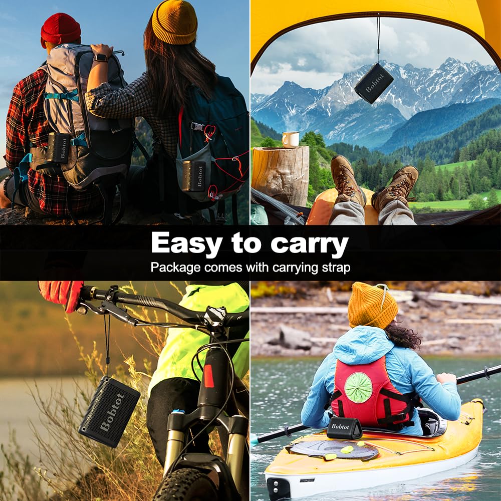 Bobtot Portable Bluetooth Speaker Wireless, IPX7 Small Shower Speaker Waterproof, 15H Playing Time, Loud and Stereo Sound with Bass, TWS Pairing for Party, Camping, Travel, Black