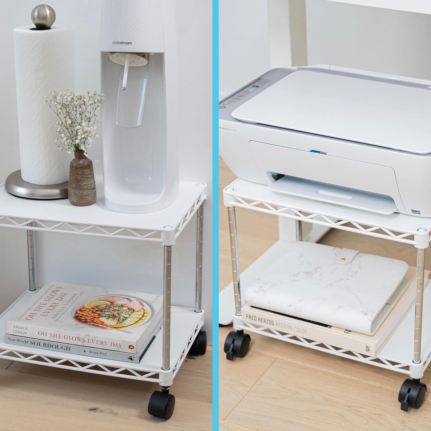 ZBRANDS Printer Stand, Mini, White, 15" x 10.6", Portable Electronic Device Stand for Small Spaces, 40lbs Capacity, Rolling Cart with Wheels, Home Printer Stand, Copier Stand