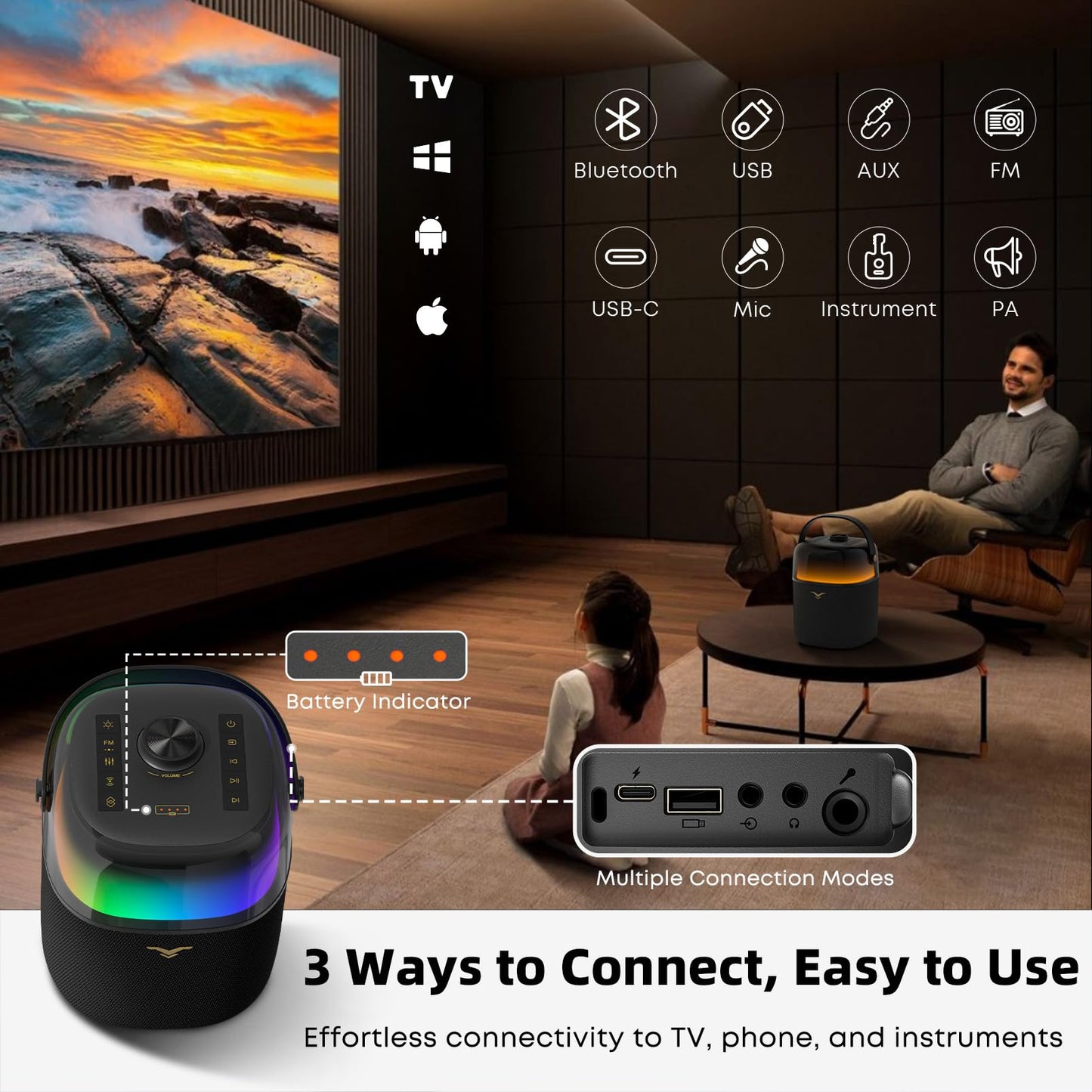 Bluetooth Speakers, 50W(80W Peak) Portable Wireless Speaker with 360-degree LED Light Show, Loud Stereo Sound with Active Bass & Treble, IPX5 Waterproof Speaker for Outdoor, Home Party, Camping, Beach