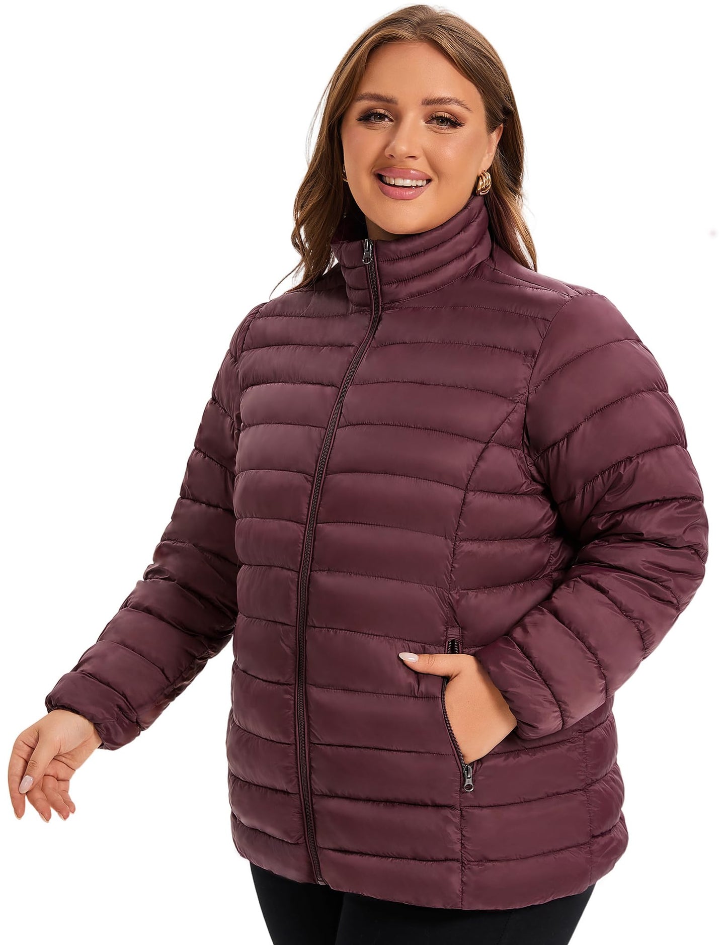 ANOTHER CHOICE Plus Size Puffer Jacket for Women, Lightweight Packable Stand Collar Winter Puffer Coat, Wine, 3X