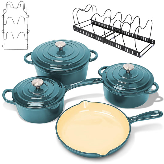 Nonstick Enameled Cast Iron Cookware Set- 9 Pieces Dutch Oven Pot with Lid for Braising, Stews, Roasting, Bread Baking, Cooking Pot Oven Safe & Compatible with All Stovetop, Teal Ombre