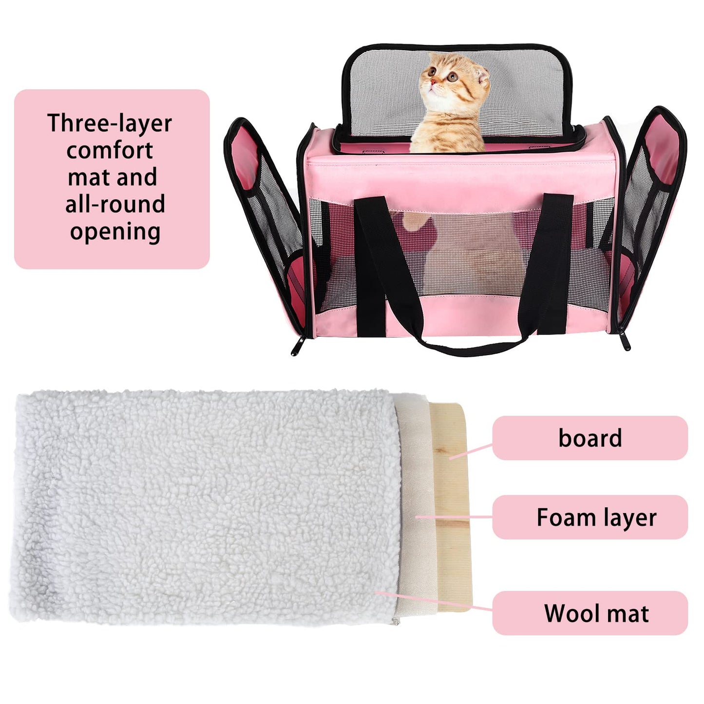 Cat Carrying Case - Pet Carrier Airline Approved, Protable and Breathable Pet Travel Carrier Removable Fleece Pad, Collapsible Cat Carrier Dog Carrier for Medium Cats Small Cats Dogs (Medium, Pink)
