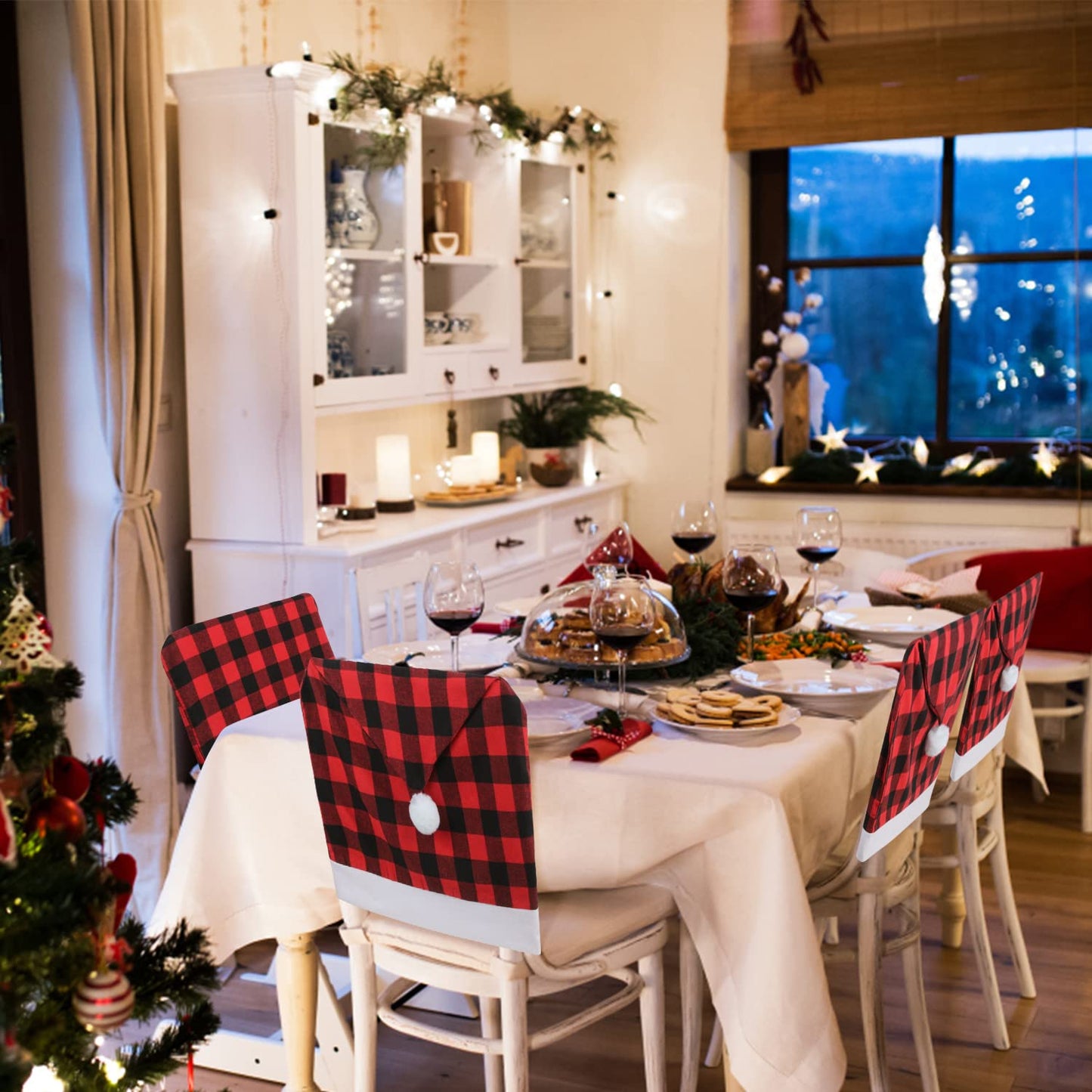 CCINEE 6pcs Christmas Chair Back Cover, Black and Red Grid Chair Slipcovers Hat Buffalo Plaid Christmas Back Covers Christmas Dining Chair Protector Elastic for Dining Room Xmas Party Table Decor…