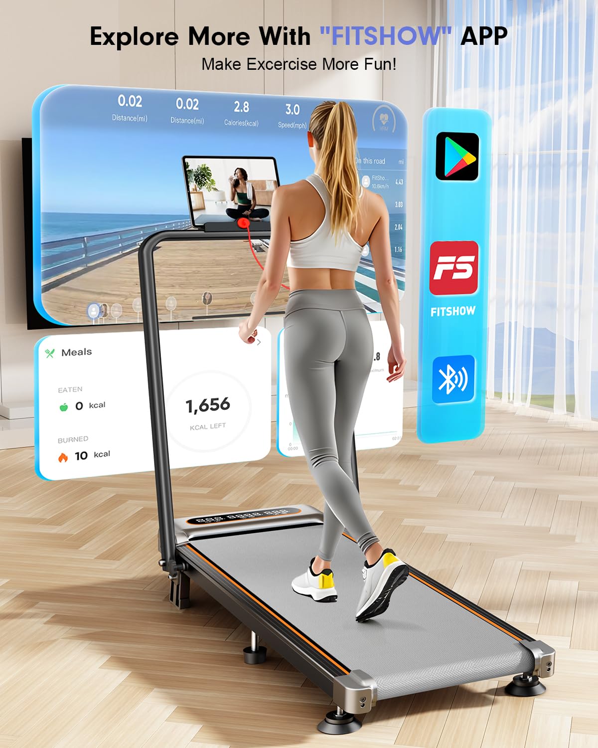 Foldable Treadmill with 8% Incline, Upgrade 3.5HP Low Noise Walking Pad Treadmill with Handle Bar, Trisomy 4 in 1 Portable Under Desk Treadmills for Home/Office, 330 Lbs Capacity, APP & Remote Control