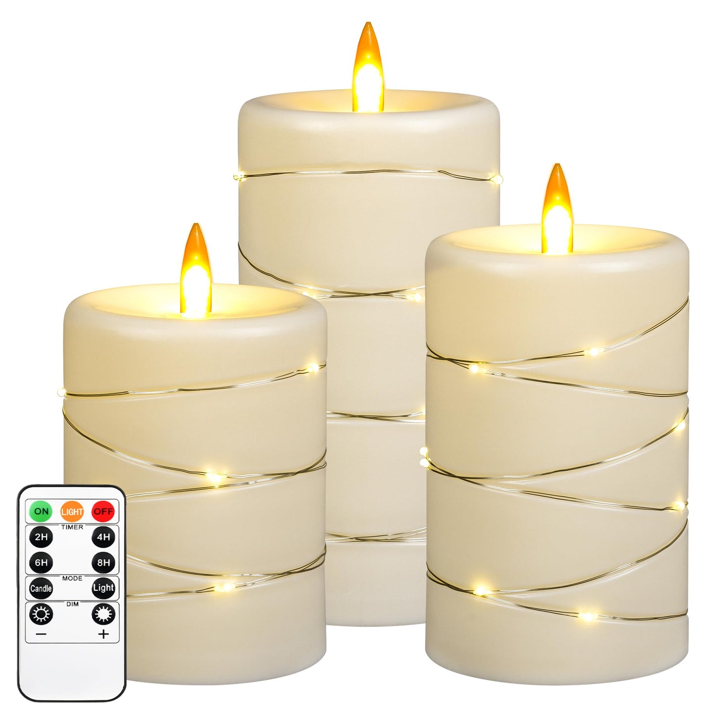 Flameless LED Candles with Timer 3 pc Flickering Flameless Candles for Romantic Ambiance and Home Decoration,with Embedded Star String，Battery Operated Candles