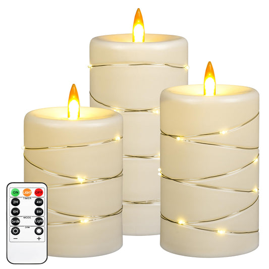 Flameless LED Candles with Timer 3 pc Flickering Flameless Candles for Romantic Ambiance and Home Decoration,with Embedded Star String，Battery Operated Candles