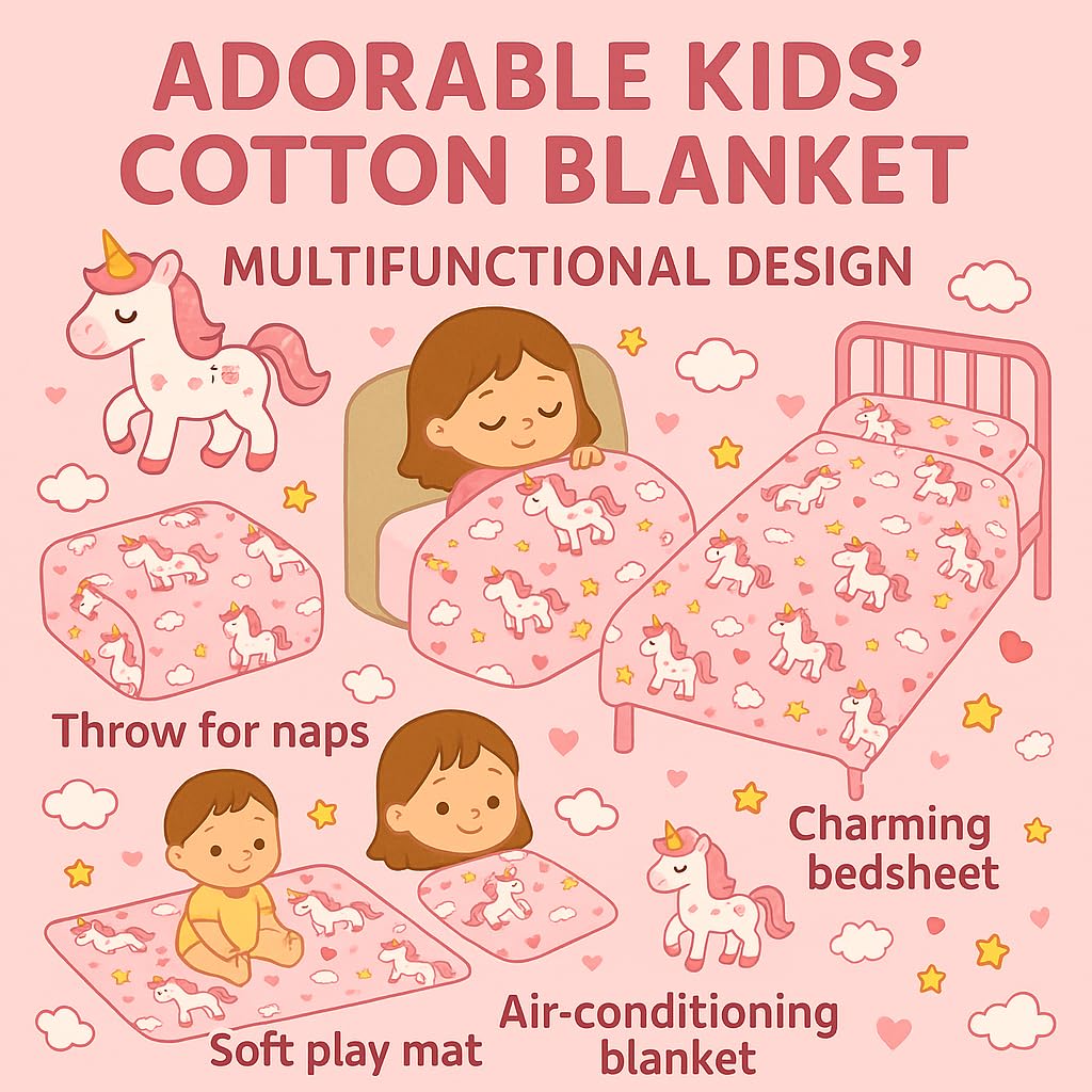 Kids Throw Blanket – Soft Cotton Toddler Blanket with Unicorn, Star & Cloud Pattern, Lightweight Breathable Bed Throw with Stitched Edges, 40 x 60 in (101.6 x 152.4 cm)