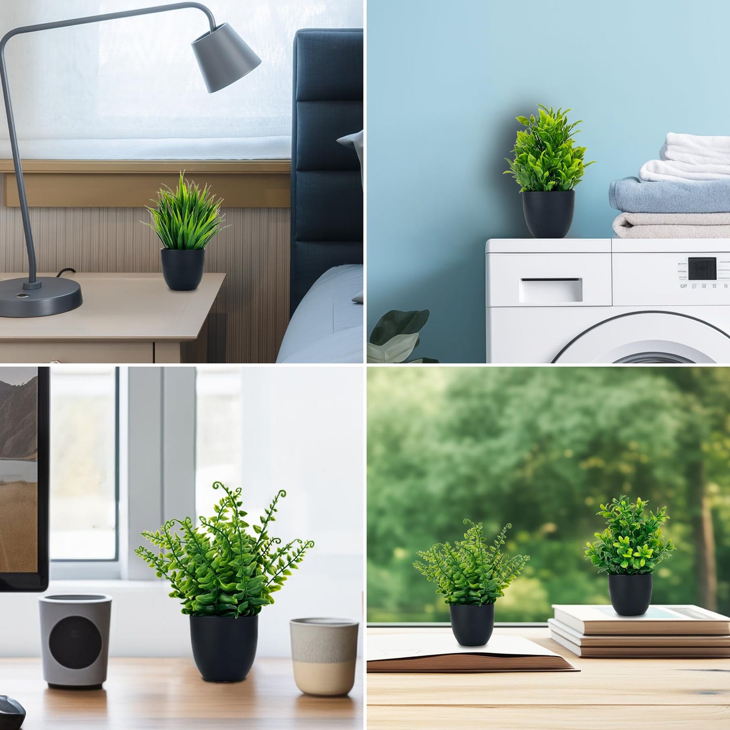 DCECDWD Set of 4 Fake Plants 7” Small Potted Plants Artificial Plants Indoor Mini Greenery Plants for Indoor Decor Home Shelf Office Decor, Compact Black Pot