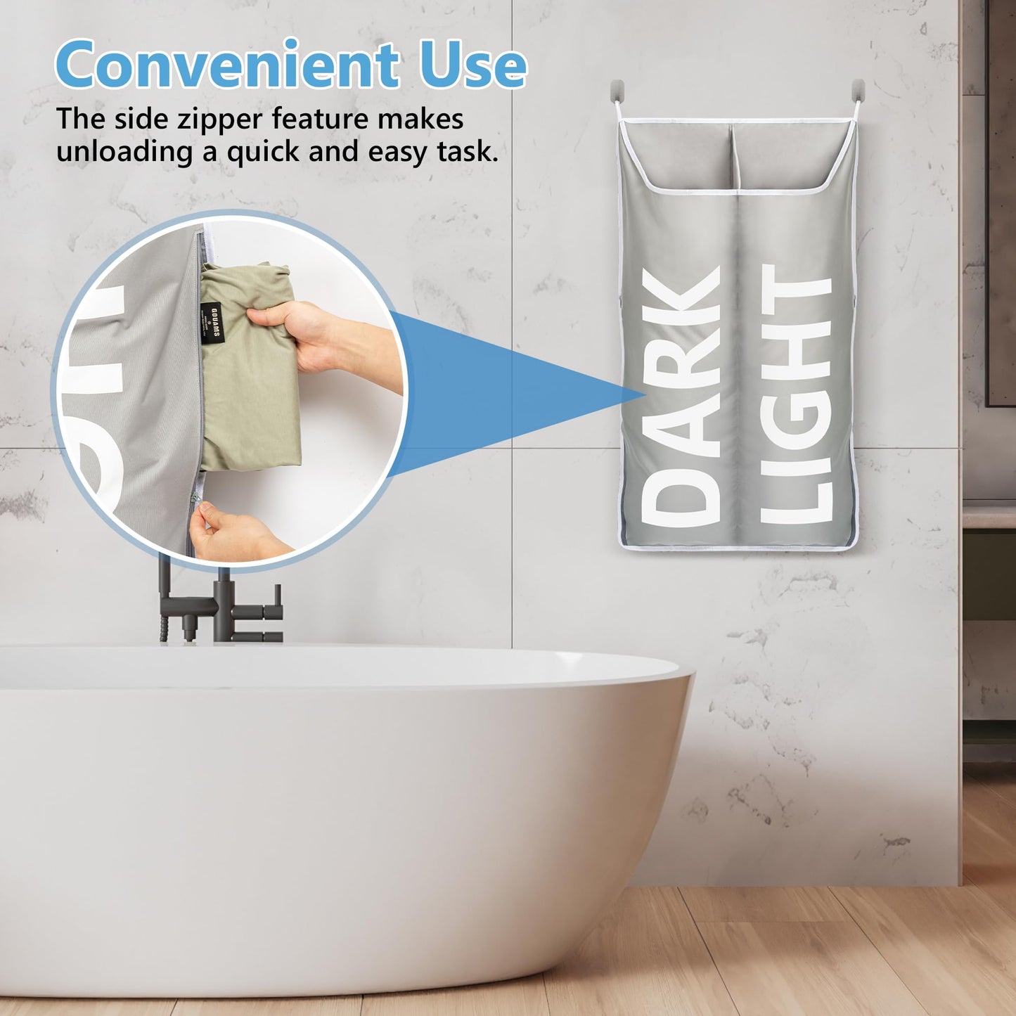 DONAQ Hanging Laundry Hamper Bag XL 40x22", Space Saving over the Door Storage Bags, Behind the Door Hampers for Dirty Clothes & Wall Mounted Basket for Bathroom, Organizer for Small Room Spaces RV