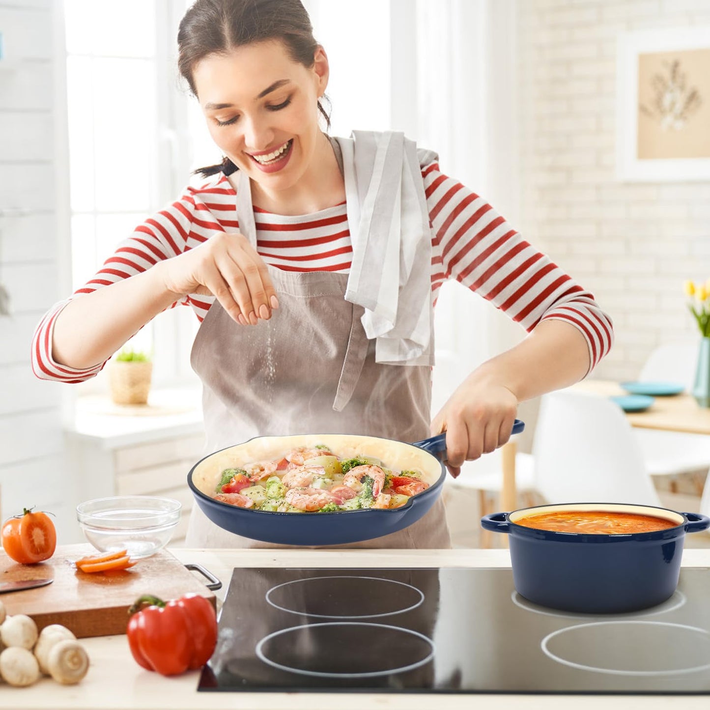Hisencn 7 Piece Enameled Cast Iron Cookware Set, Pots And Pans Set, Ceramic Cookware Set, 2.25QT/4.75QT Cast Iron Dutch Oven, 10.25” Skillets, 2QT Pot, Suitable For All Stoves, PFA Free, Navy