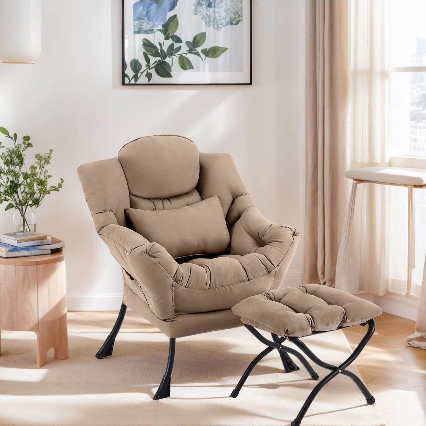 Furlide Lazy Chair with Ottoman, Modern Lounge Armchair with Lumbar Pillow, Accent Cozy Reading Chair and Folding Footstool for Bedroom, Dorm, Living Room,Khaki