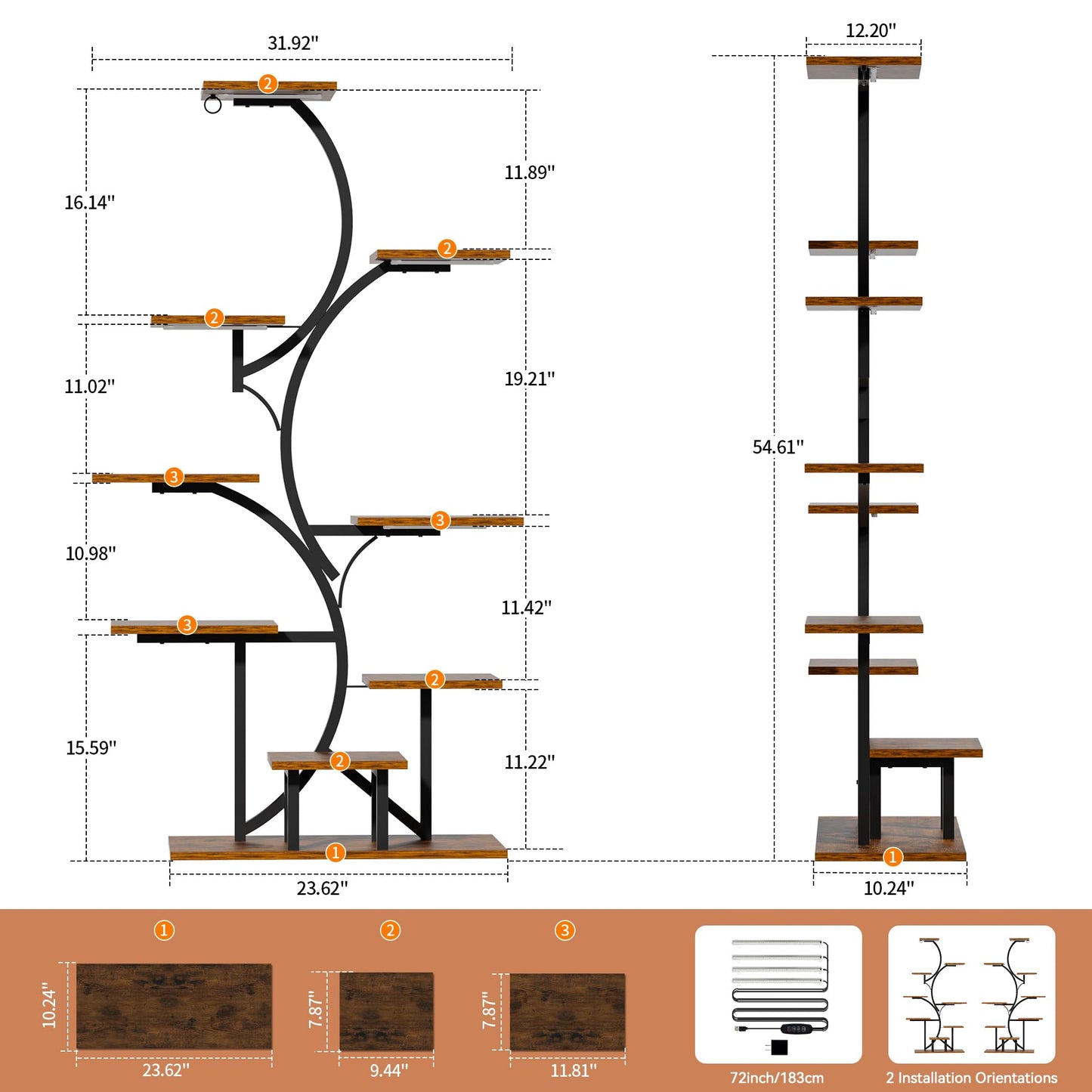 Plant Stand Indoor with Grow Light: Lighted Plant Stands 54.6" Tall, 9 Tiered Large Plant Shelf for Indoor Growing, S-Shaped Flower Holder Display for Multiple Plants, Living Room, Patio (Black)
