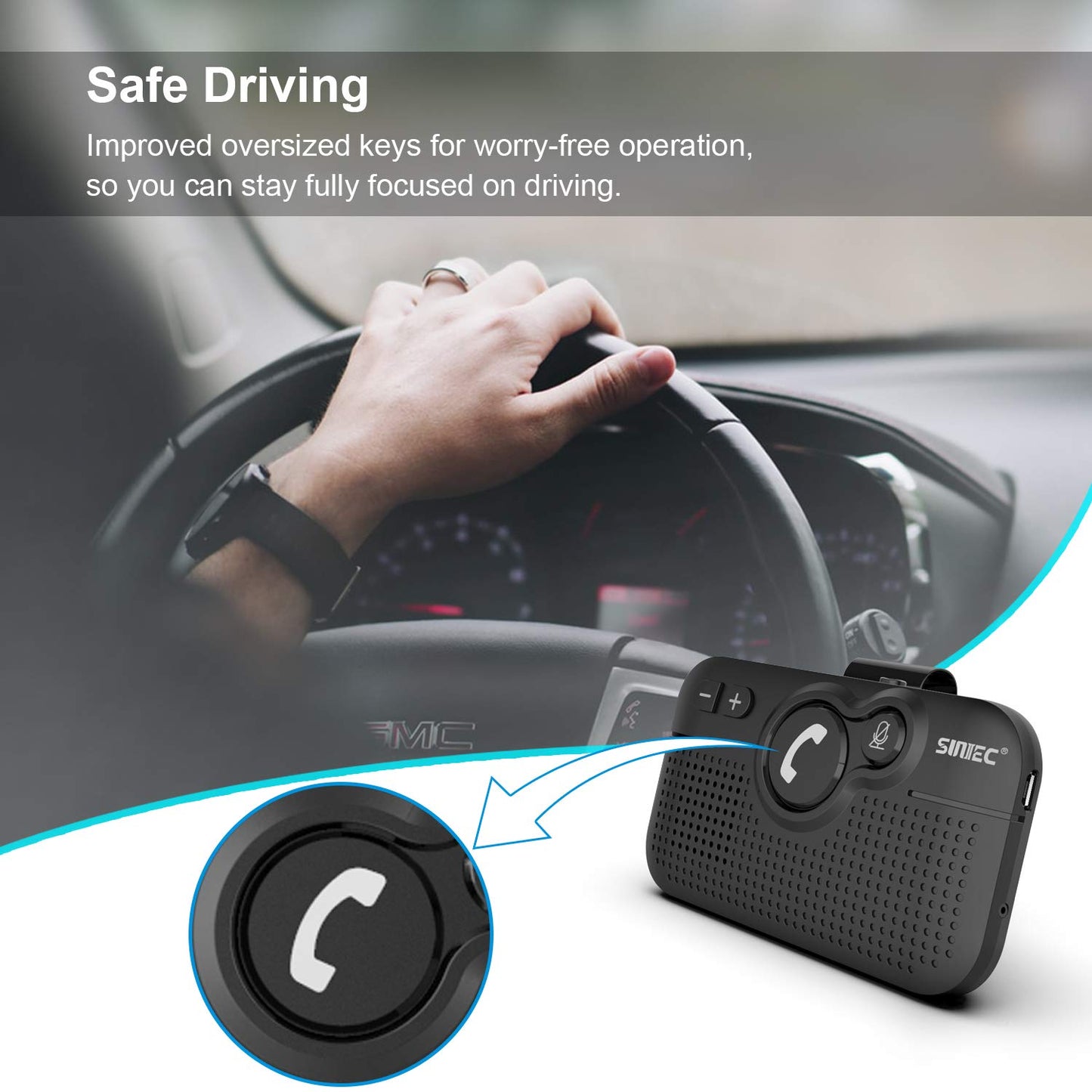 SUNITEC Handsfree Bluetooth Car Kit for Cell Phone, Wireless Bluetooth Speaker for Car, AUTO Power ON Support Siri Google Voice Assistant Hands Free Phone Speakerphone with Visor Clip-BC980SA