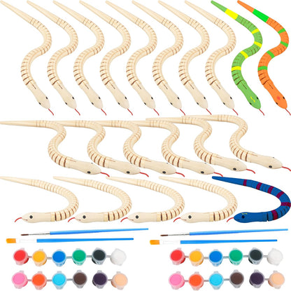 20 Pcs 12 Inch Unfinished Wooden Wiggly Snake Jointed Flexible Wood Snake with 12 Colors 3 ml Acrylic Paint and 2 Pcs Paint Brush for Birthday Halloween Party Supplies DIY Crafts