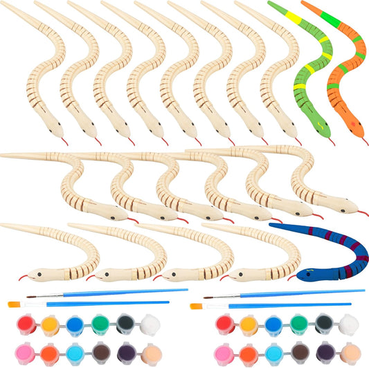 20 Pcs 12 Inch Unfinished Wooden Wiggly Snake Jointed Flexible Wood Snake with 12 Colors 3 ml Acrylic Paint and 2 Pcs Paint Brush for Birthday Halloween Party Supplies DIY Crafts