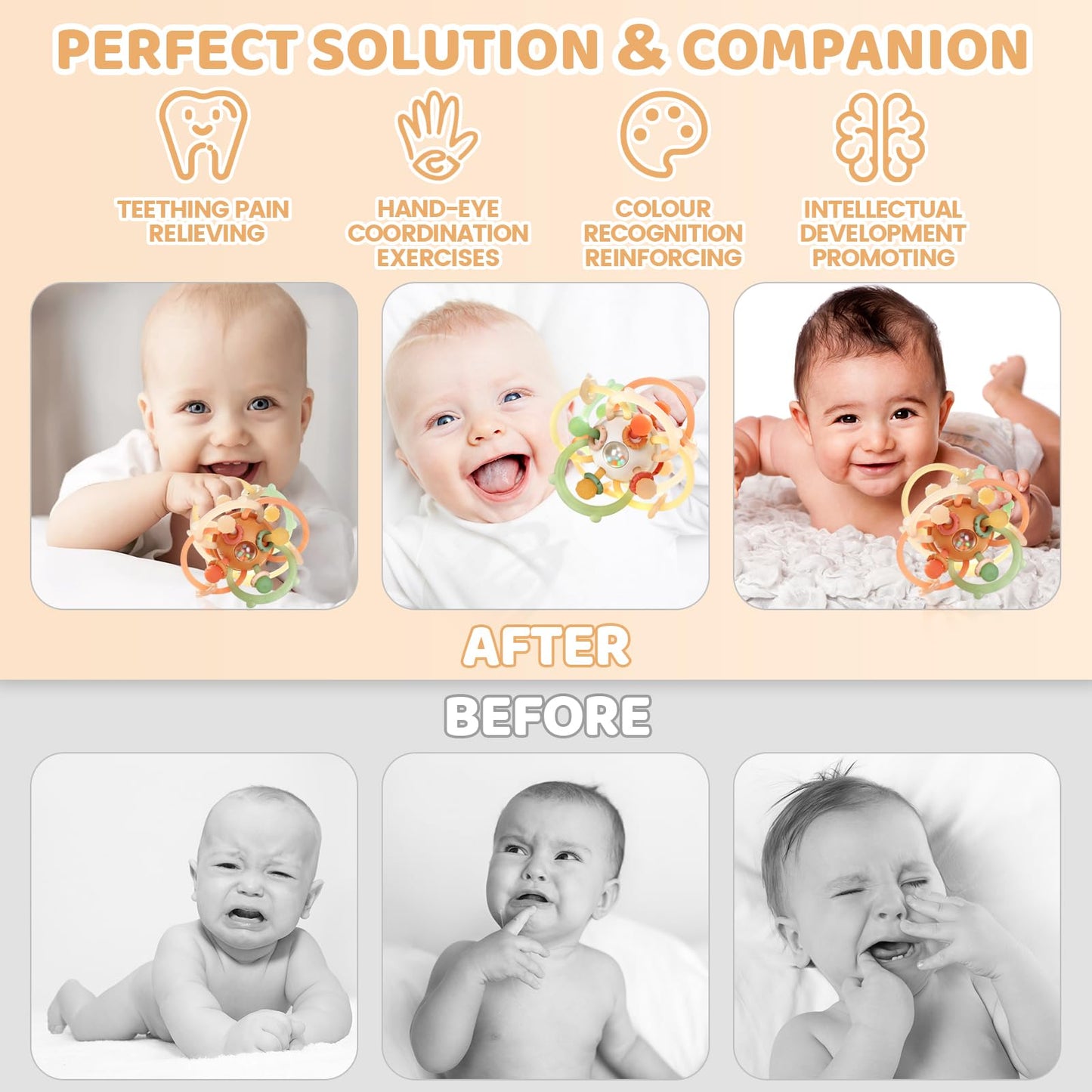 Orzbow Baby Sensory Teething Toys, Infant Montessori Teether Ball, Silicone Baby Rattle Ball Toy, Babies Chew Toys for 3-6-12-18 Months Sucking Needs, Teethers Relief, BPA Free, Brown