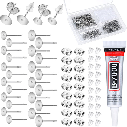 Anezus Jewelry Glue with 600pcs Stainless Steel Earring Posts and Backs - Silver and Gold Posts with Rubber Backs for Jewelry Making
