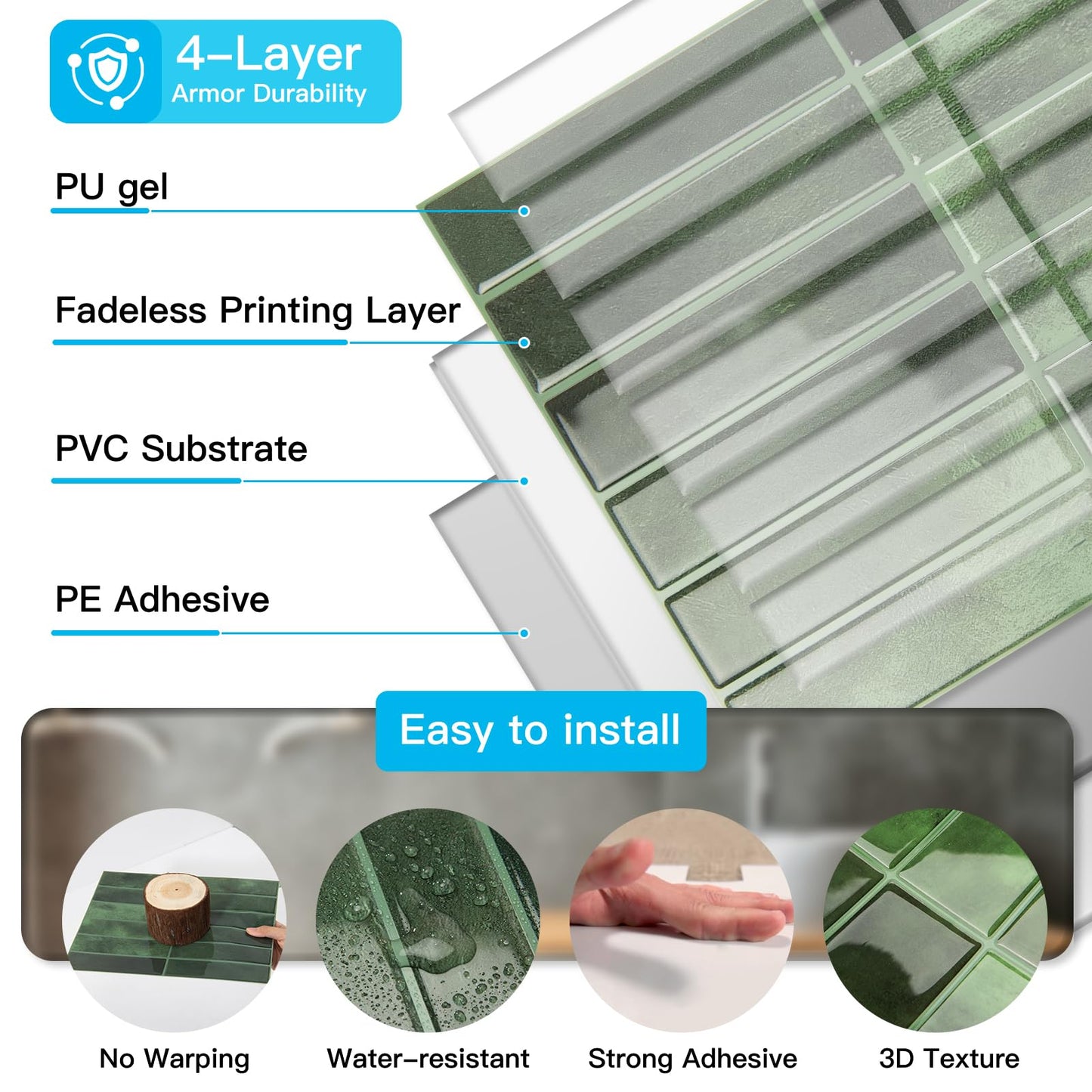 Art3d 11.4 x 9 Inch Heavy-Duty Peel and Stick Backsplash for Home Décor, 10-Pack Vinyl Wall Tiles for Kitchen Countertop, Green