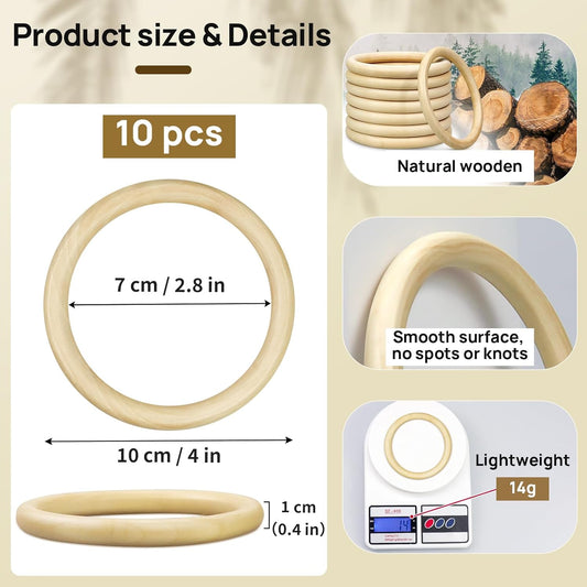 4inch/100mm Wooden Rings for Craft, 10Pcs Unfinished Wood Rings, Wooden Rings for Macrame Craft, Pendant Connectors, DIY Craft Supplies