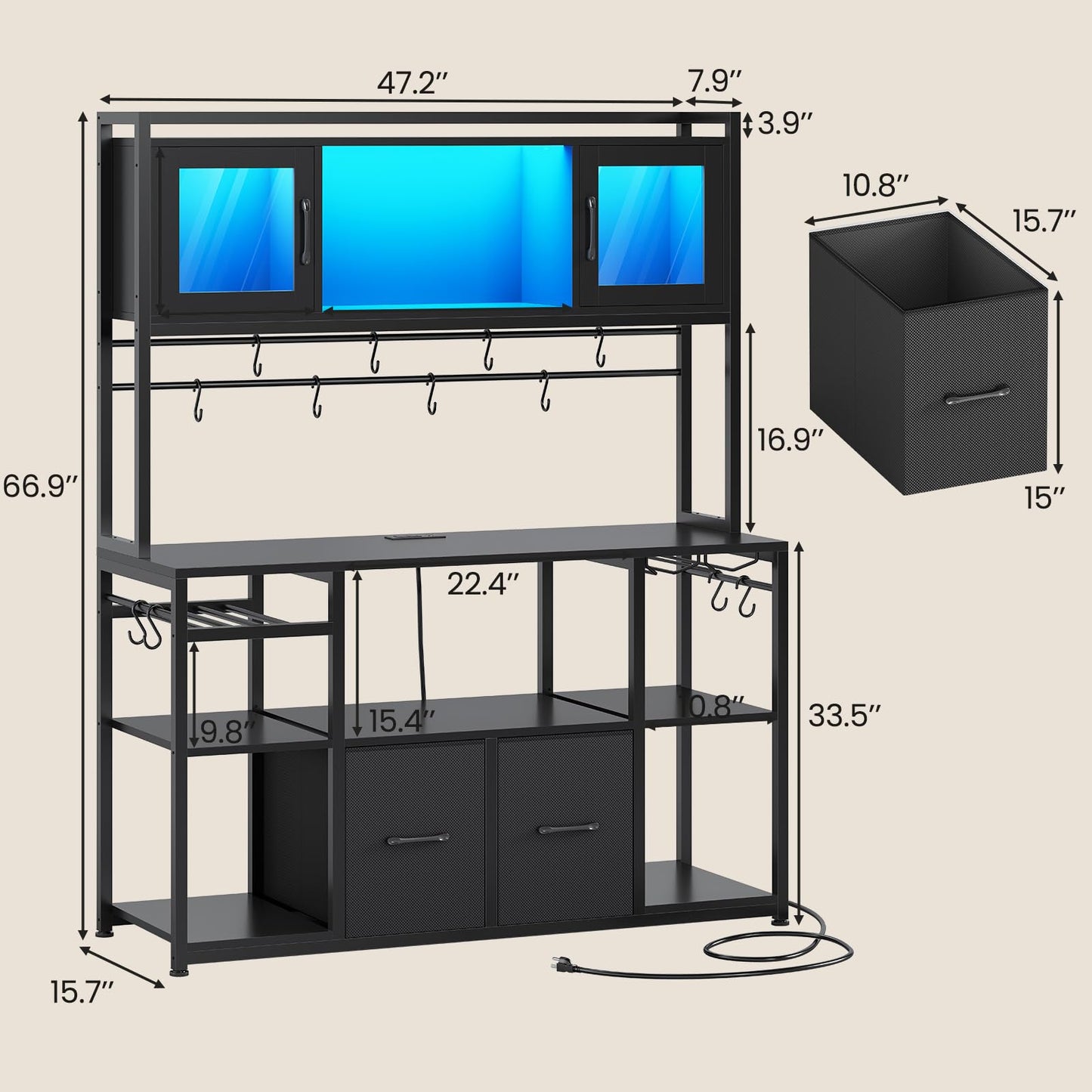 Itaar 47.2 Inch Coffee Bar Cabinet with Power Outlet, Farmhouse Bakers Rack with Storage, Kitchen Microwave Stand with Wine Rack, LED Light, Glass Cabinet, Goblet Holder and 12 Hooks (Black)