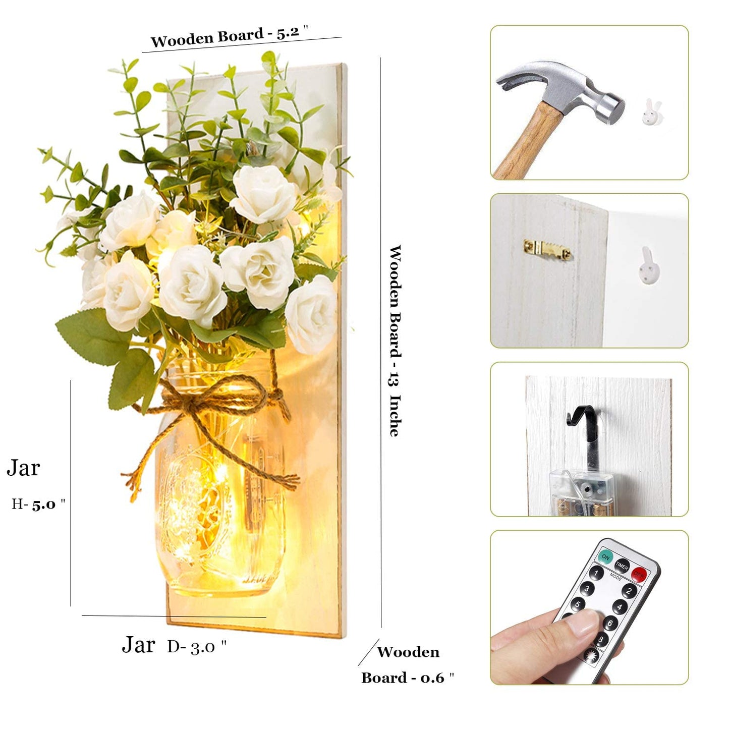 YI LIGHTING Set of 2 Rustic Wall Sconces - Mason Jars Sconce, Rustic Home Decor, Wrought Iron Hooks with LED Fairy Lights for Home Decoration Gift (White)