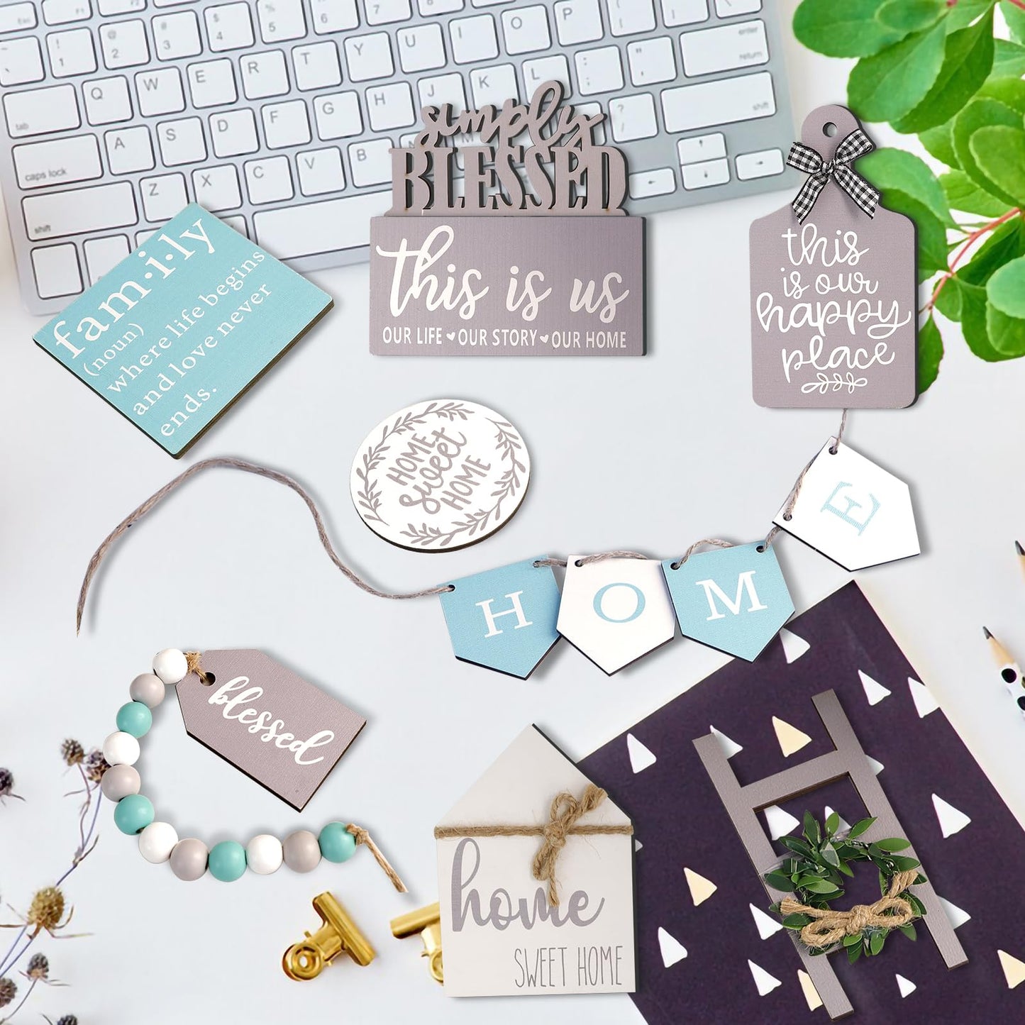 13 Pcs Farmhouse Tiered Tray Decor Set, Kitchen Table Decorations with String Lights, Home Rustic Wooden Signs Decorative for Centerpiece Table Bar Housewarming