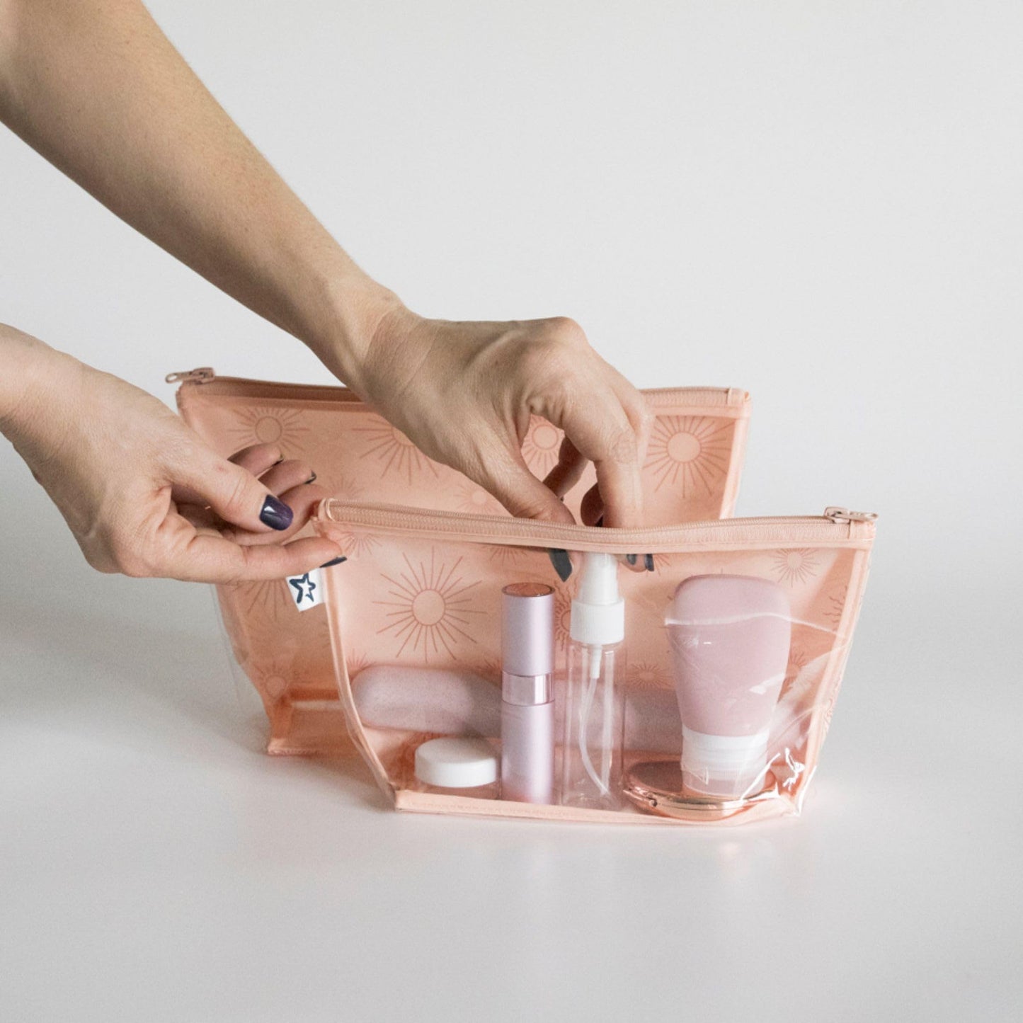 Tiny Twinkle Mess-proof Travel Bags, Airline Compliant, Zipper Closure, Clear Front Pouch, Diaper Bag Packing, Toiletry or Cosmetics Organizer 2 Pack Set (Boho Rainbow)