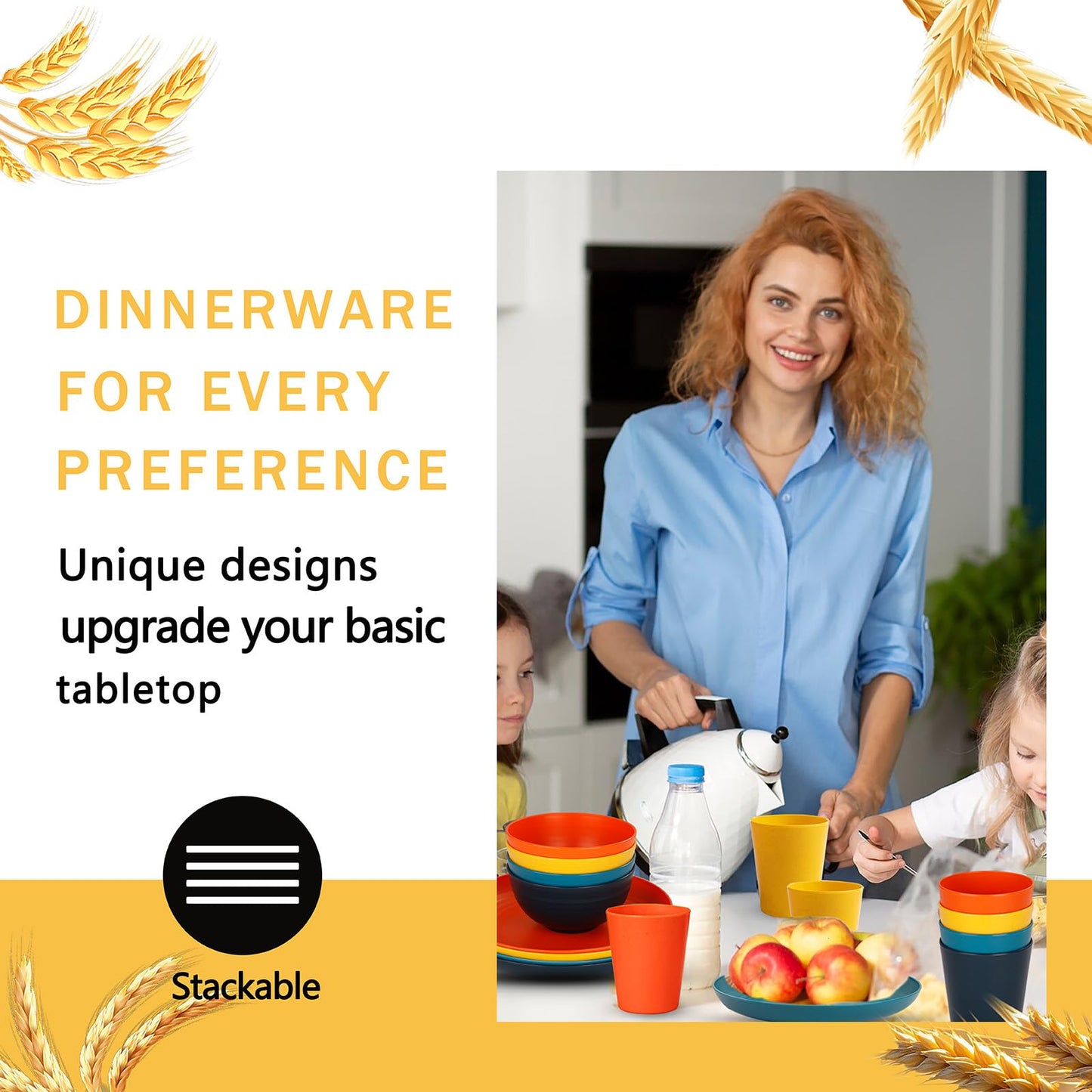 Rubtlamp Wheat Straw Dinnerware Set, 16Pcs Unbreakable Plates And Bowls Sets of 4, Plastic Plates Set Reusable (Four Colors) Include Dinner Platos, Dessert Platos, Cereal Bowls, Cups for Daily