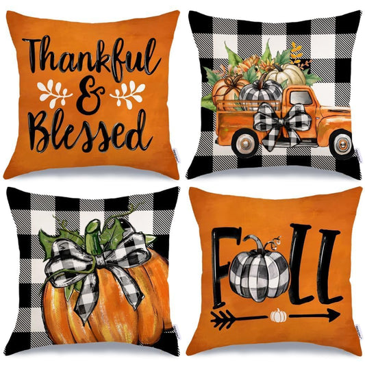 GEEORY Fall Decorative Throw Pillow Covers 18 x 18 Inch Set of 4, Pumpkins Thankful Blessed Buffalo Plaid Fall Decor Outdoor Farmhouse Pillow Cases for Home Couch (Orange Color) G337-18