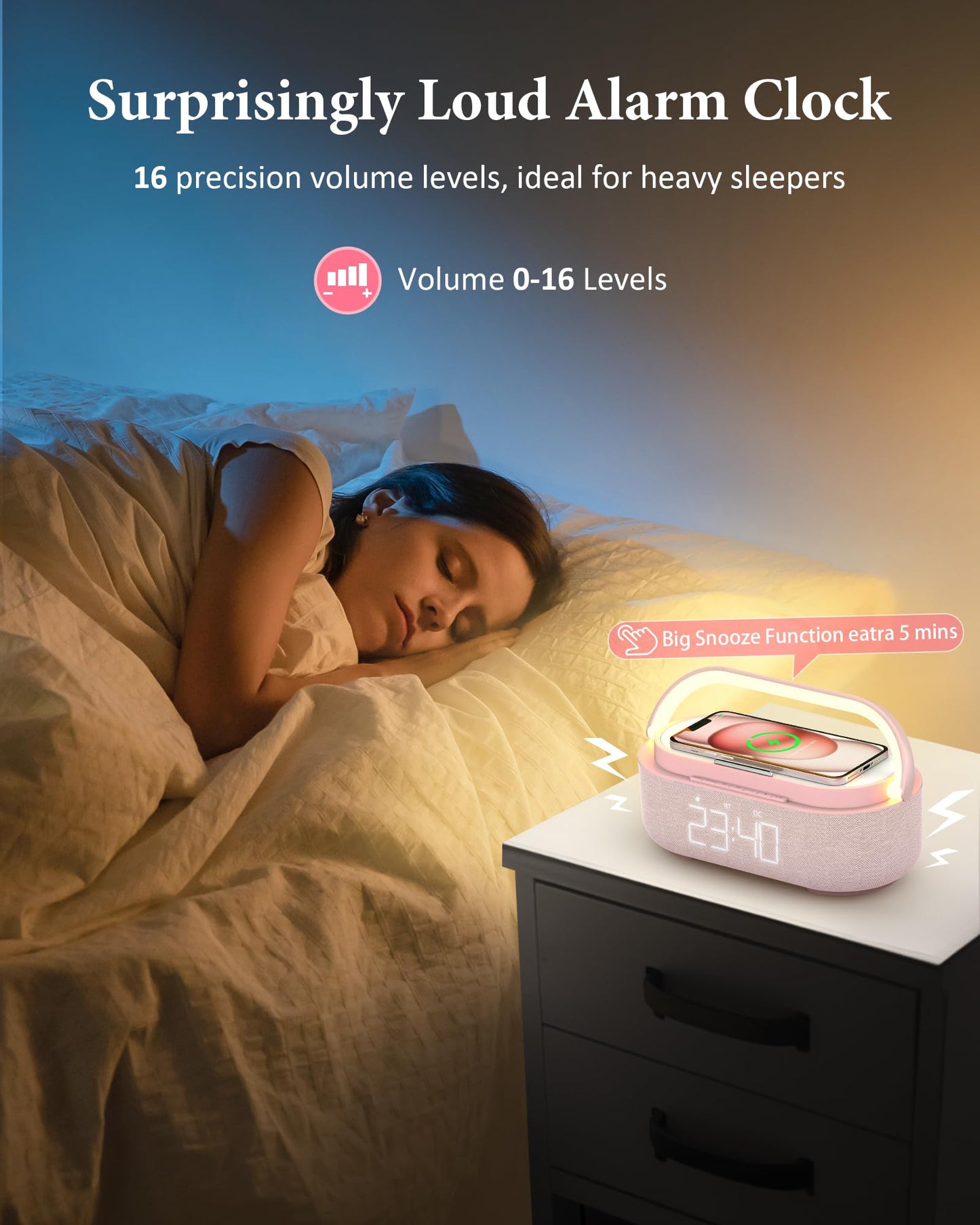 COLSUR Bluetooth Speaker with Wireless Charger, FM Radio, Dimmable LED Night Light, Dual Wireless Speakers, 2500mAh Portable Speaker for Home Decoration, Bedroom, Office, Gift