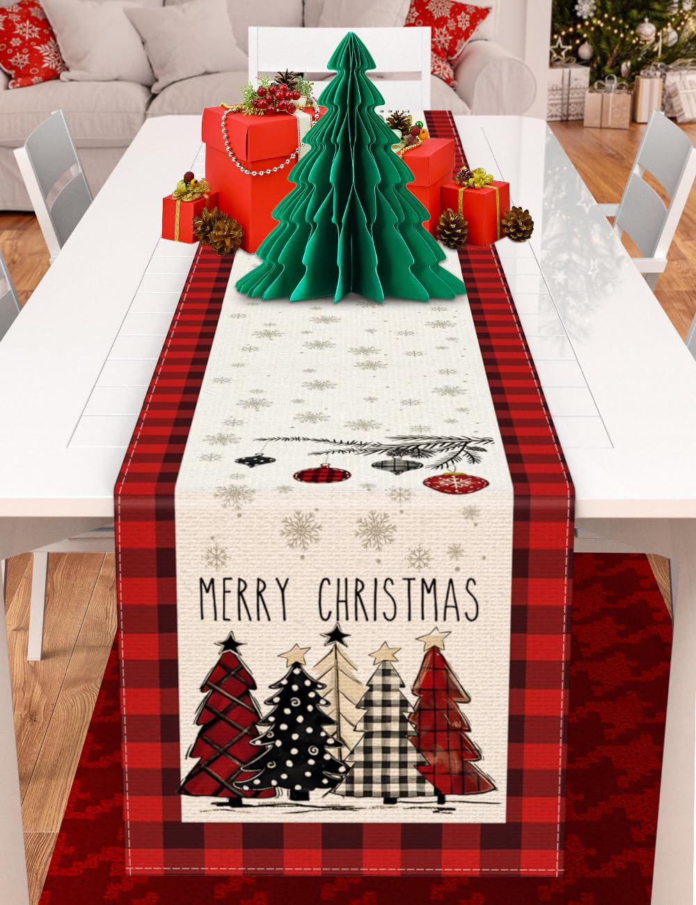 TOYPOPOR Set of 2 Christmas Table Runner, Including Buffalo Linen Christmas Trees Table Runner and Merry Christmas Snowman Table Runner for Xmas Holiday Winter Decoration Indoor Party Wedding - 72in
