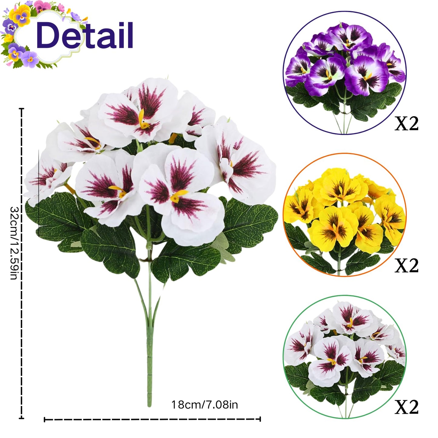 ASTRYAS 12 Bundles Artificial Flowers for Outdoor Fake Pansies Small Wild Flowers Faux Pansy Plastic Flowers for Home Garden Flower Beds Outdoor Plants (White/Purple/Yellow)