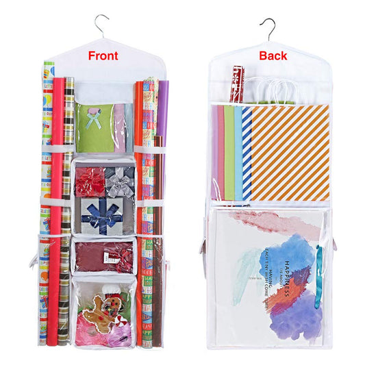 ProPik Hanging Double Sided Wrapping Paper Storage Organizer With Multiple Front And Back Pockets Organize Your Gift Wrap & Gift Bags Bows Ribbons 40”X17 Fits 40 Inch Rolls (White)