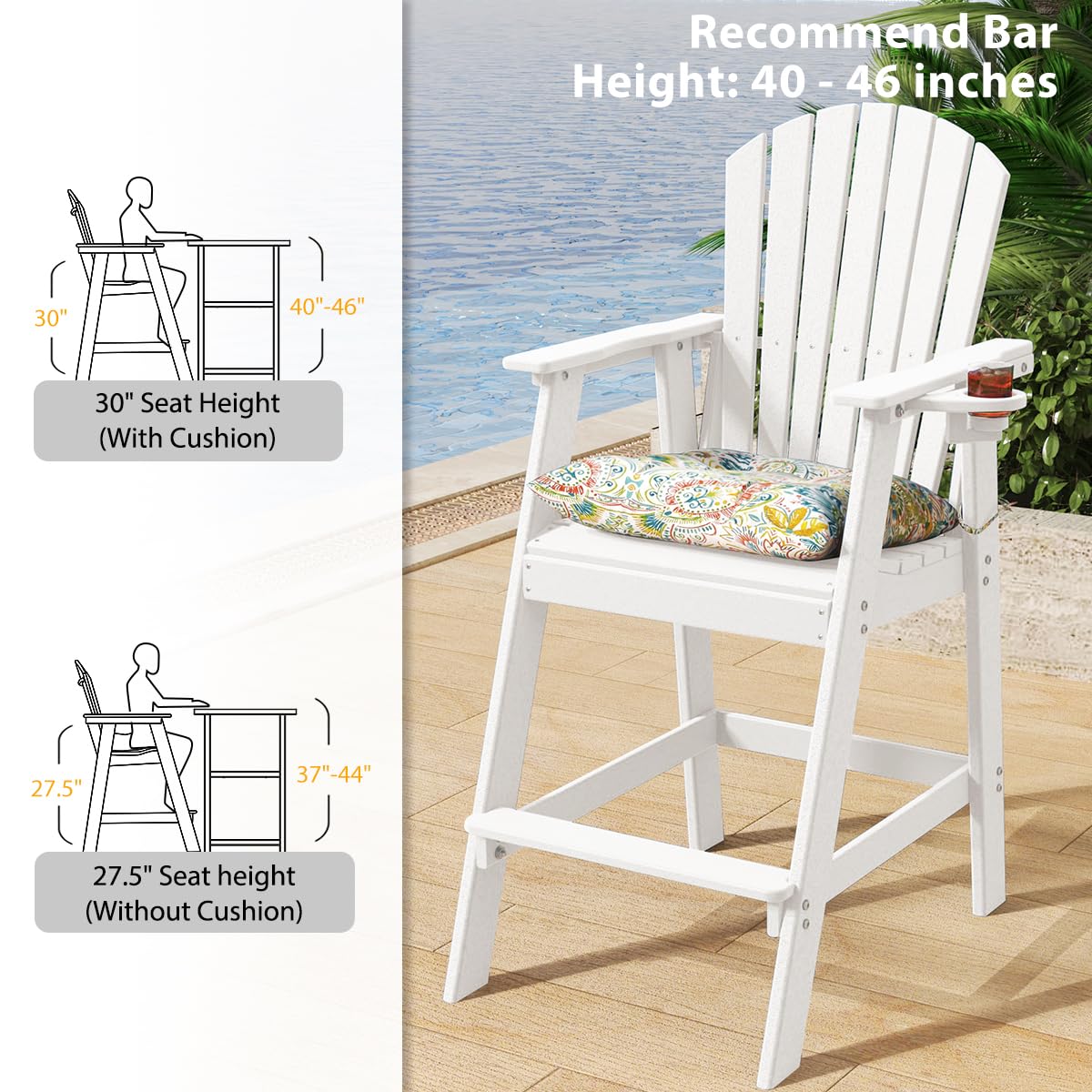 Sundale Outdoor Tall Adirondack Chairs Set of 2, 30 Inch Seat Height Patio Adirondack Bar Stools, HDPE Pub Chairs with Backrest, Tall Bistro Dining Counter Stool with Cushion, All-Weather, White
