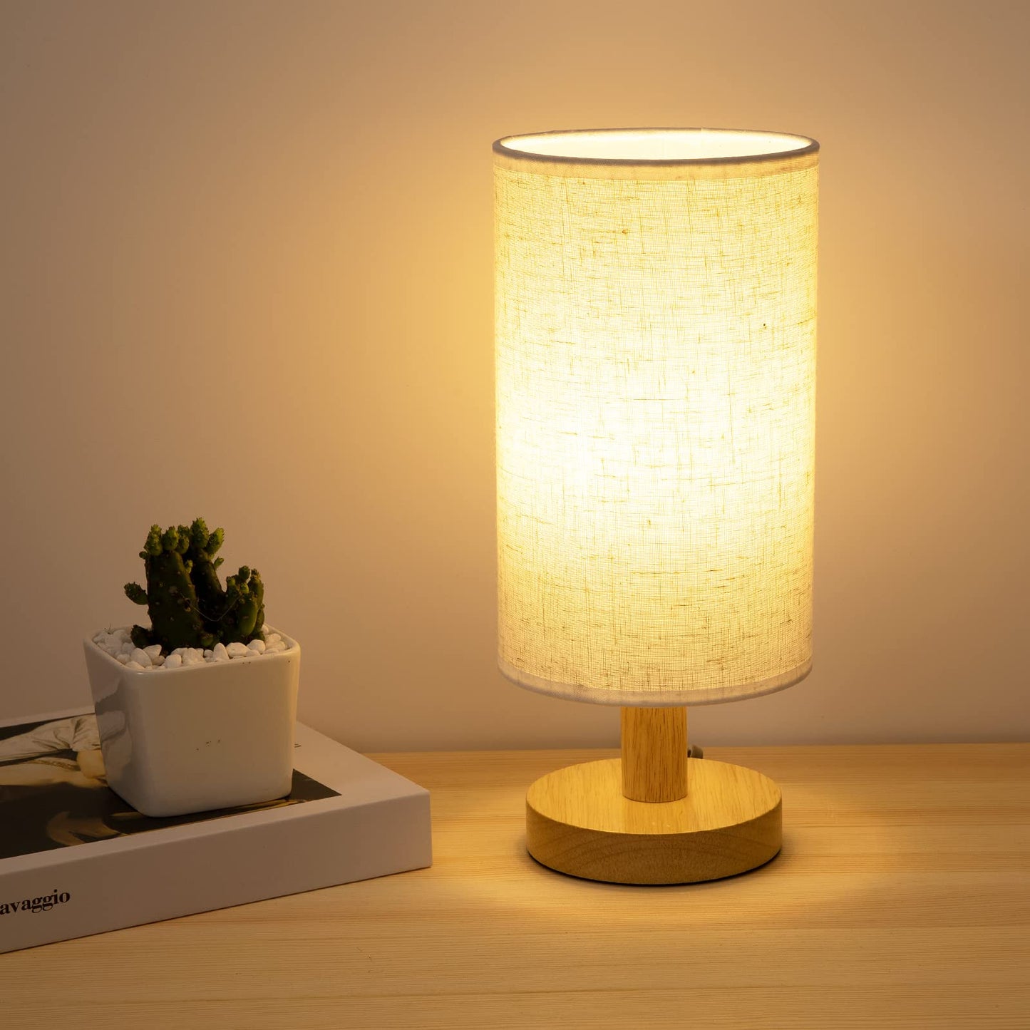 Small Bedside Table Lamp for Bedroom, Minimalist Wood Base & Round Fabric Shade, Mini Cute Cozy Warm White Nightstand Boho Lamp, Study Desk Night Stand Light for Room, Dorm, Nursery, Living Room